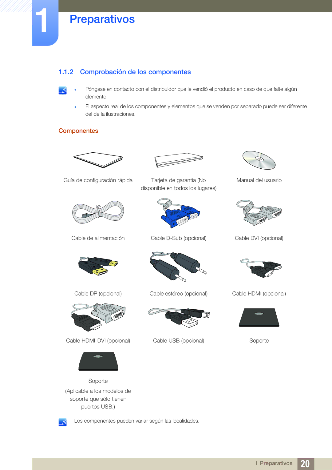 Samsung LS24C65UPC/EN, LS23C65UDC/EN, LS24C65UPL/EN, LS22C65UDC/EN manual Comprobación de los componentes, Componentes 