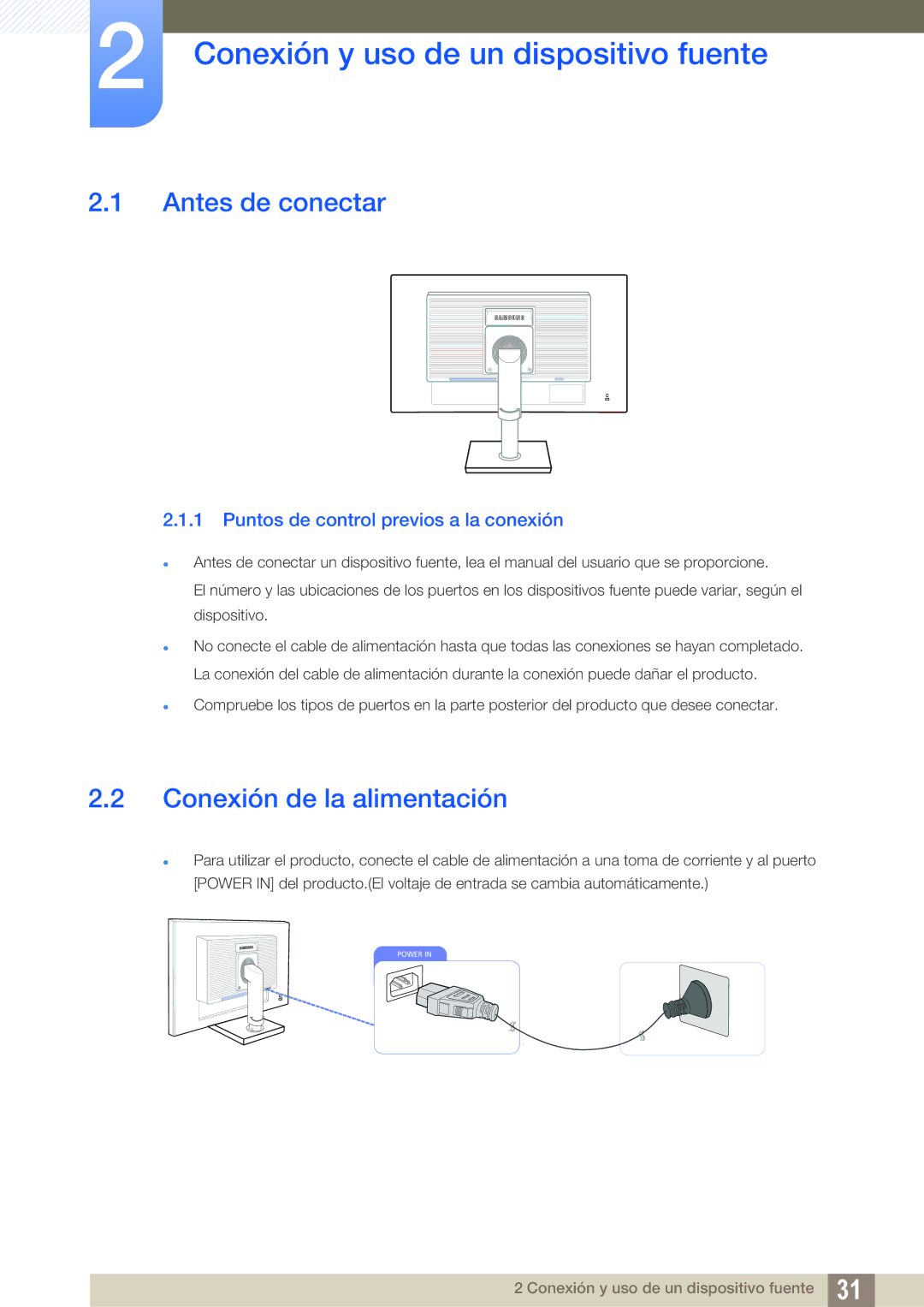 Samsung LS22C65UDS/EN manual Conexión y uso de un dispositivo fuente, Antes de conectar, Conexión de la alimentación 