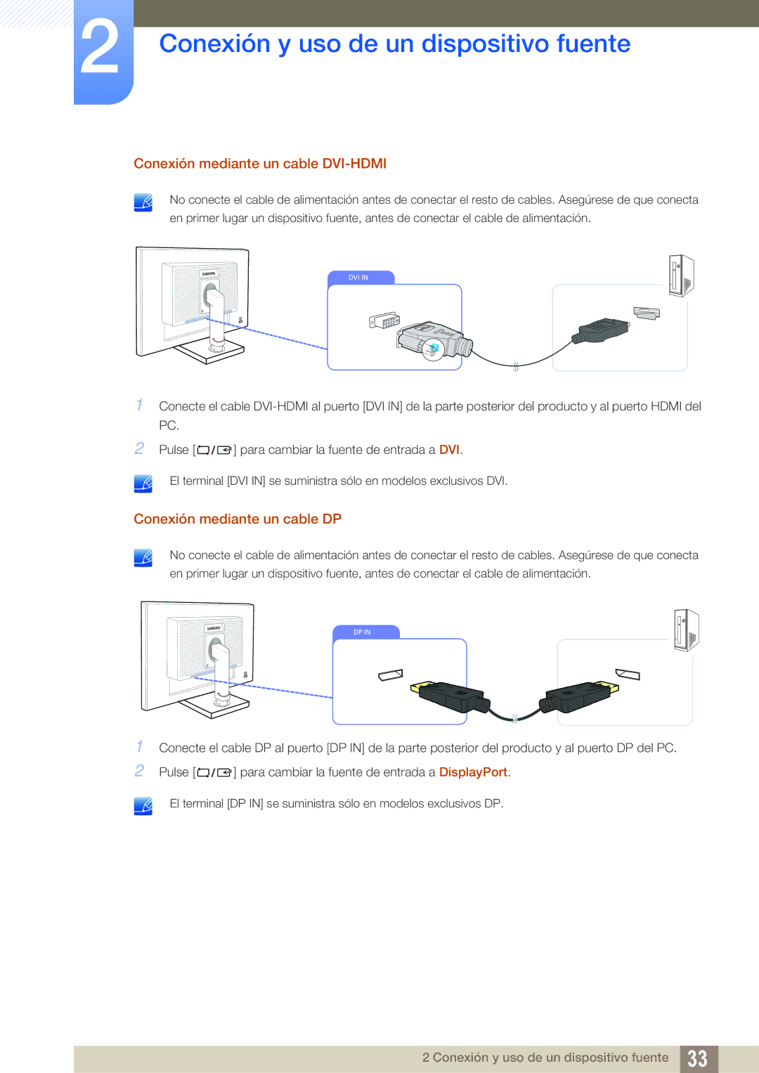 Samsung LS23C65UDS/EN, LS23C65UDC/EN, LS24C65UPL/EN manual Conexión mediante un cable DVI-HDMI, Conexión mediante un cable DP 