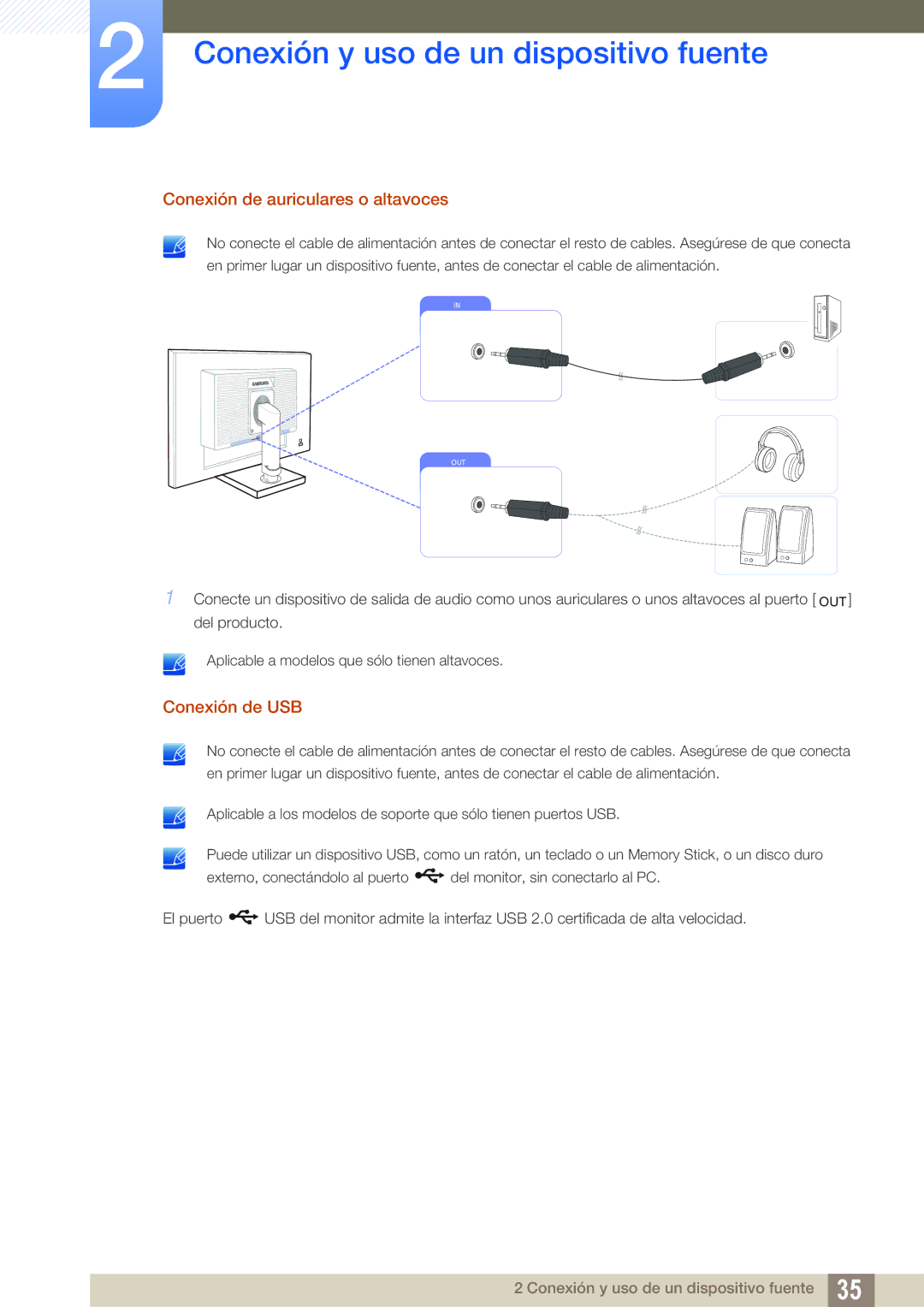 Samsung LS23C65UDC/EN, LS24C65UPL/EN, LS22C65UDC/EN, LS22C65UDS/EN manual Conexión de auriculares o altavoces, Conexión de USB 