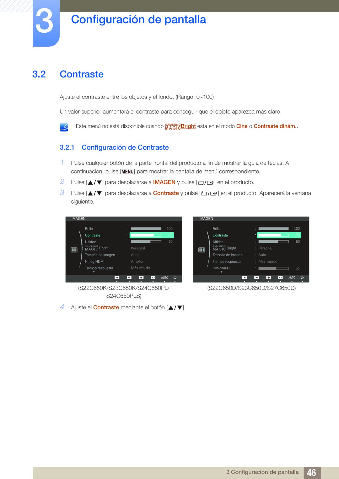 Samsung LS27C65UDS/EN, LS23C65UDC/EN, LS24C65UPL/EN, LS22C65UDC/EN, LS22C65UDS/EN manual Configuración de Contraste 