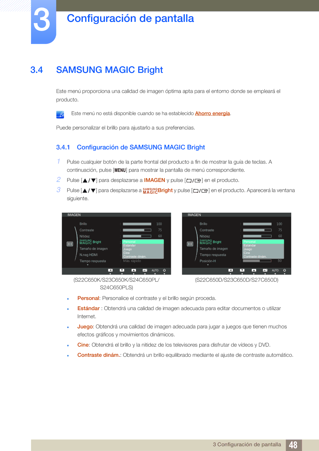 Samsung LS24C65UPC/EN, LS23C65UDC/EN, LS24C65UPL/EN, LS22C65UDC/EN, LS22C65UDS/EN Configuración de Samsung Magic Bright 