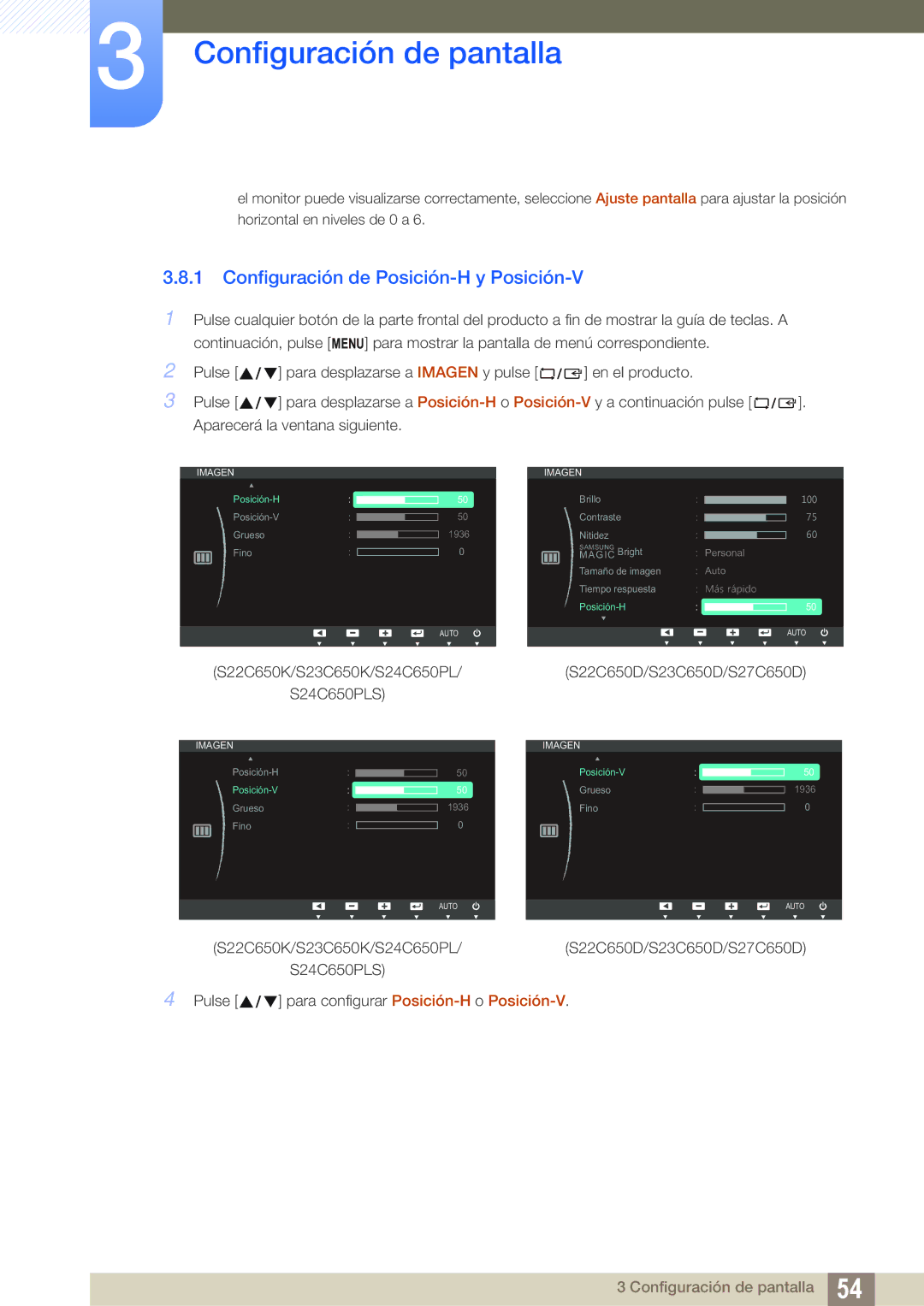 Samsung LS23C65UDS/EN, LS23C65UDC/EN, LS24C65UPL/EN, LS22C65UDC/EN, LS22C65UDS/EN Configuración de Posición-H y Posición-V 
