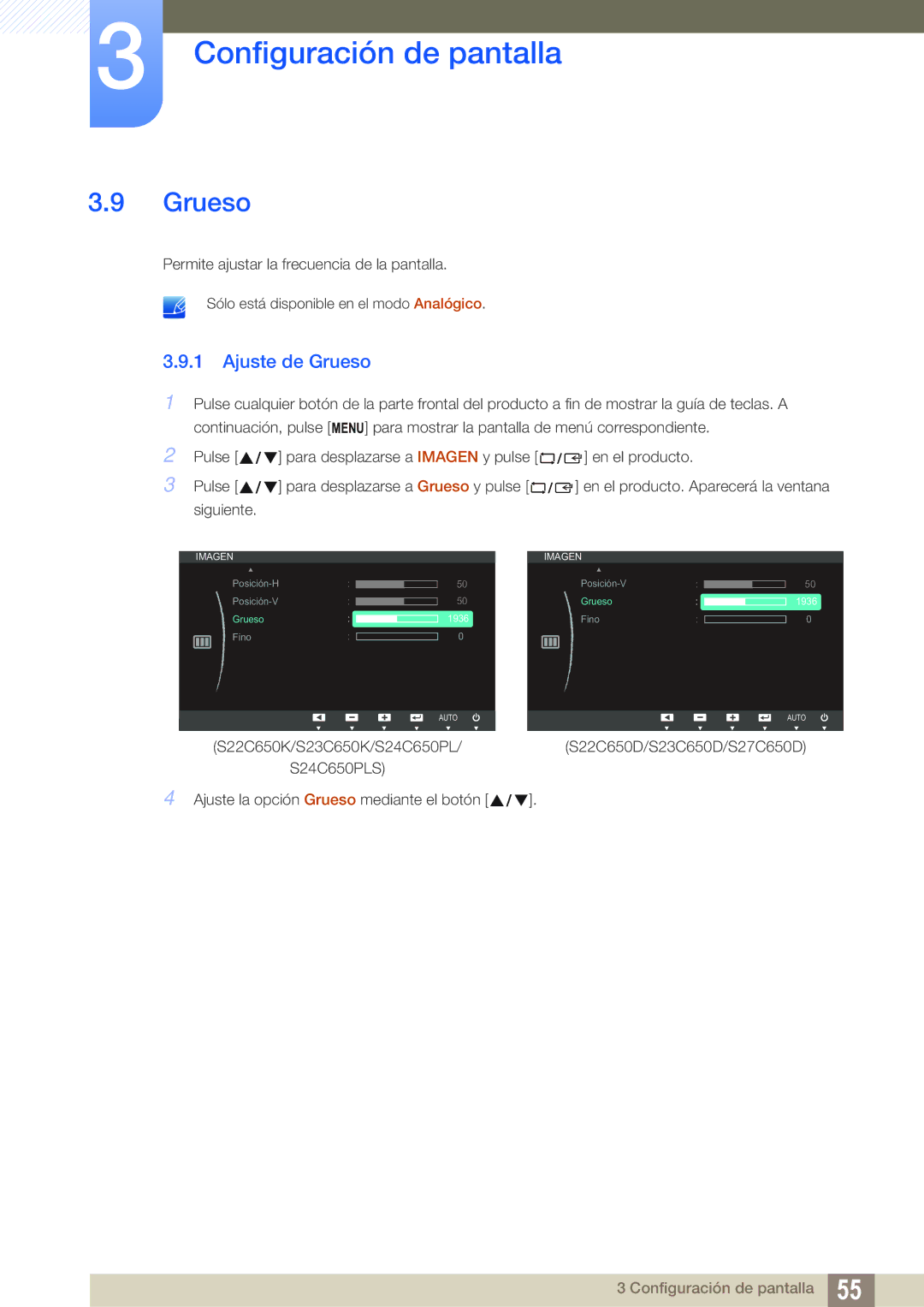 Samsung LS24C65UPC/EN, LS23C65UDC/EN, LS24C65UPL/EN, LS22C65UDC/EN, LS22C65UDS/EN, LS27C65UDS/EN manual Ajuste de Grueso 