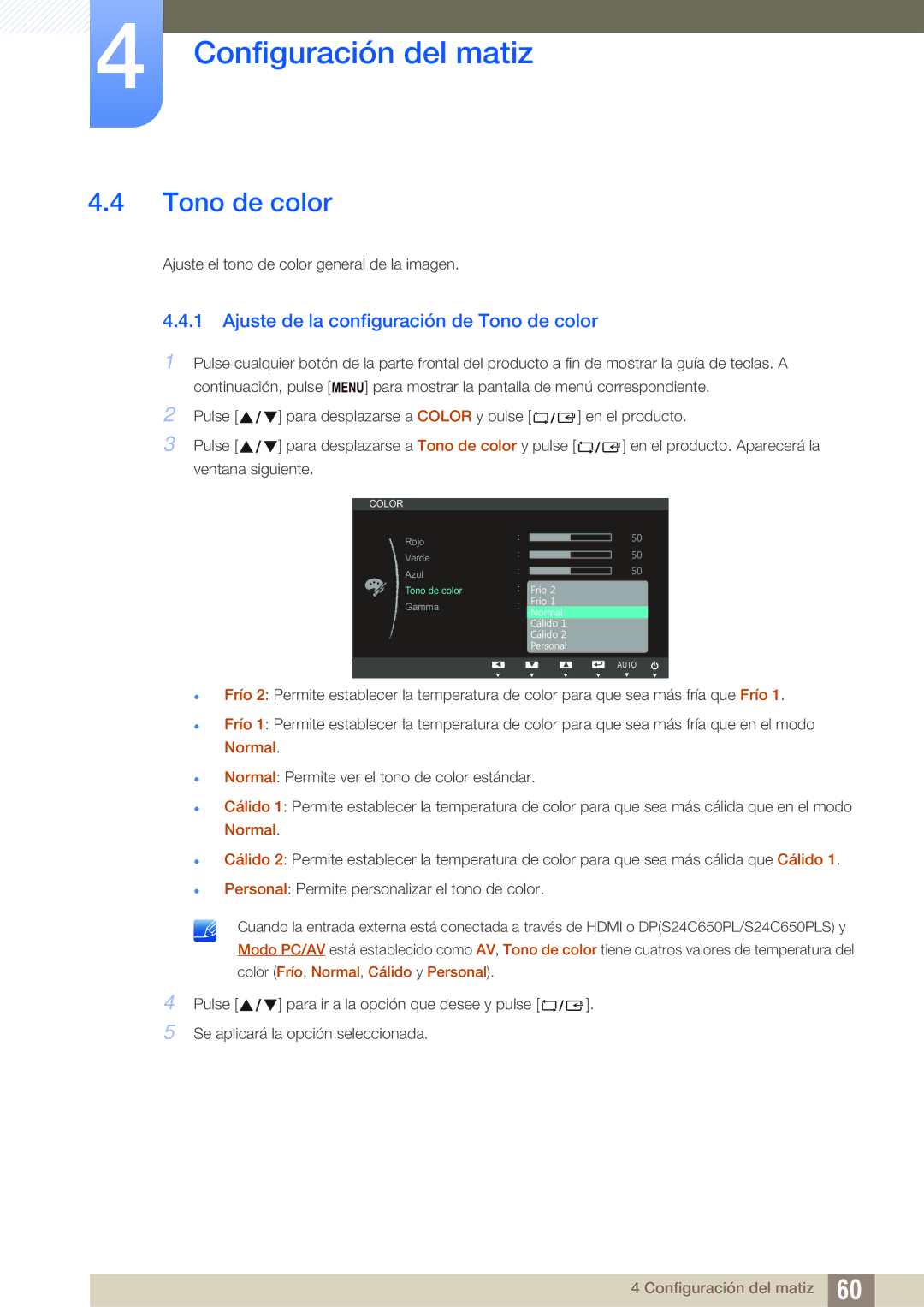 Samsung LS27C65UDS/EN, LS23C65UDC/EN, LS24C65UPL/EN, LS22C65UDC/EN manual Ajuste de la configuración de Tono de color 