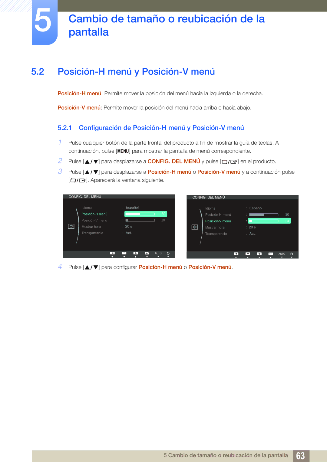Samsung LS23C65UDC/EN, LS24C65UPL/EN, LS22C65UDC/EN, LS22C65UDS/EN Configuración de Posición-H menú y Posición-V menú 