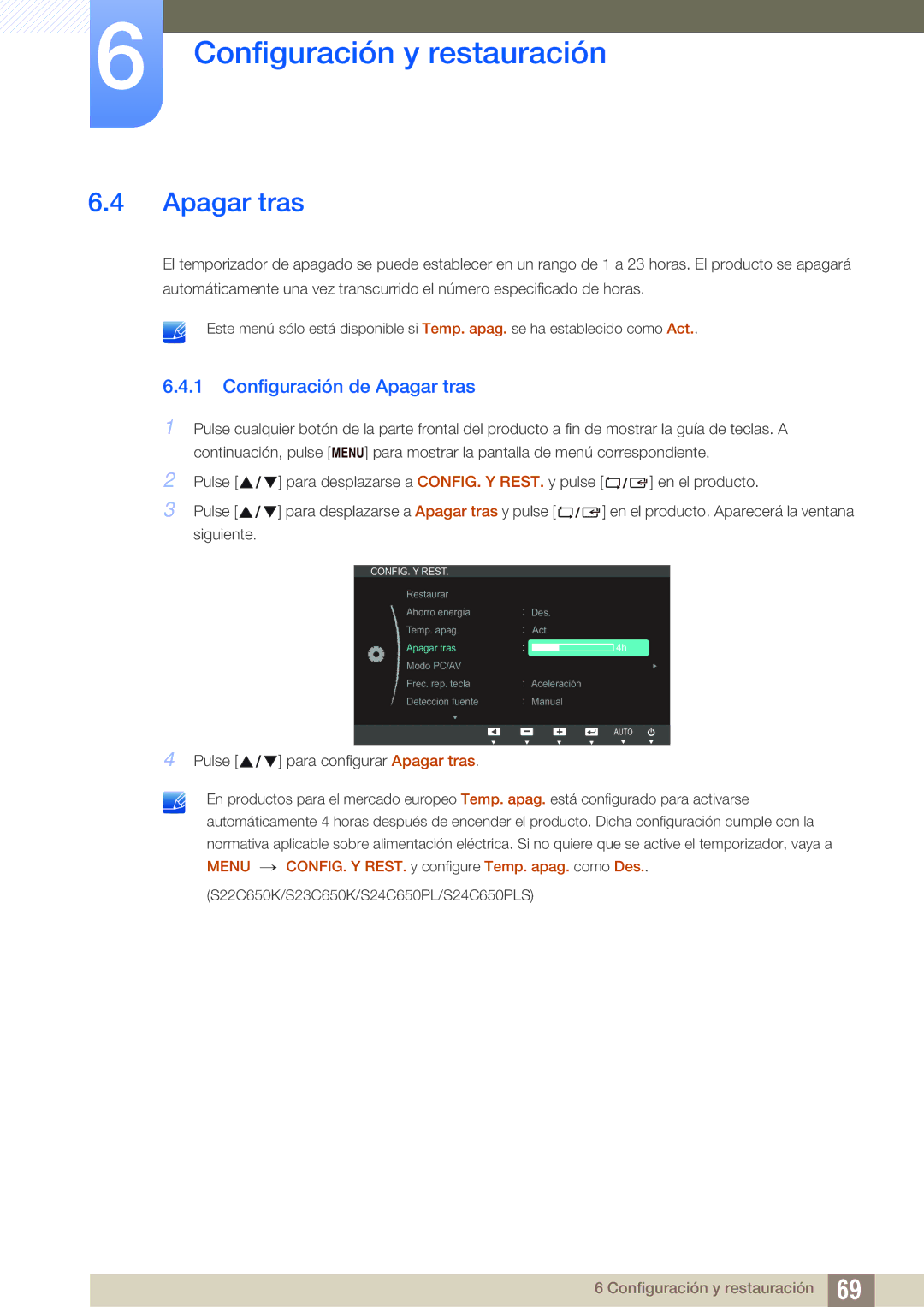 Samsung LS24C65UPC/EN, LS23C65UDC/EN, LS24C65UPL/EN, LS22C65UDC/EN, LS22C65UDS/EN manual Configuración de Apagar tras 