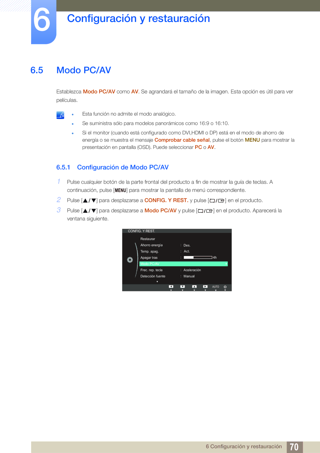 Samsung LS23C65UDC/EN, LS24C65UPL/EN, LS22C65UDC/EN, LS22C65UDS/EN, LS27C65UDS/EN manual Configuración de Modo PC/AV 