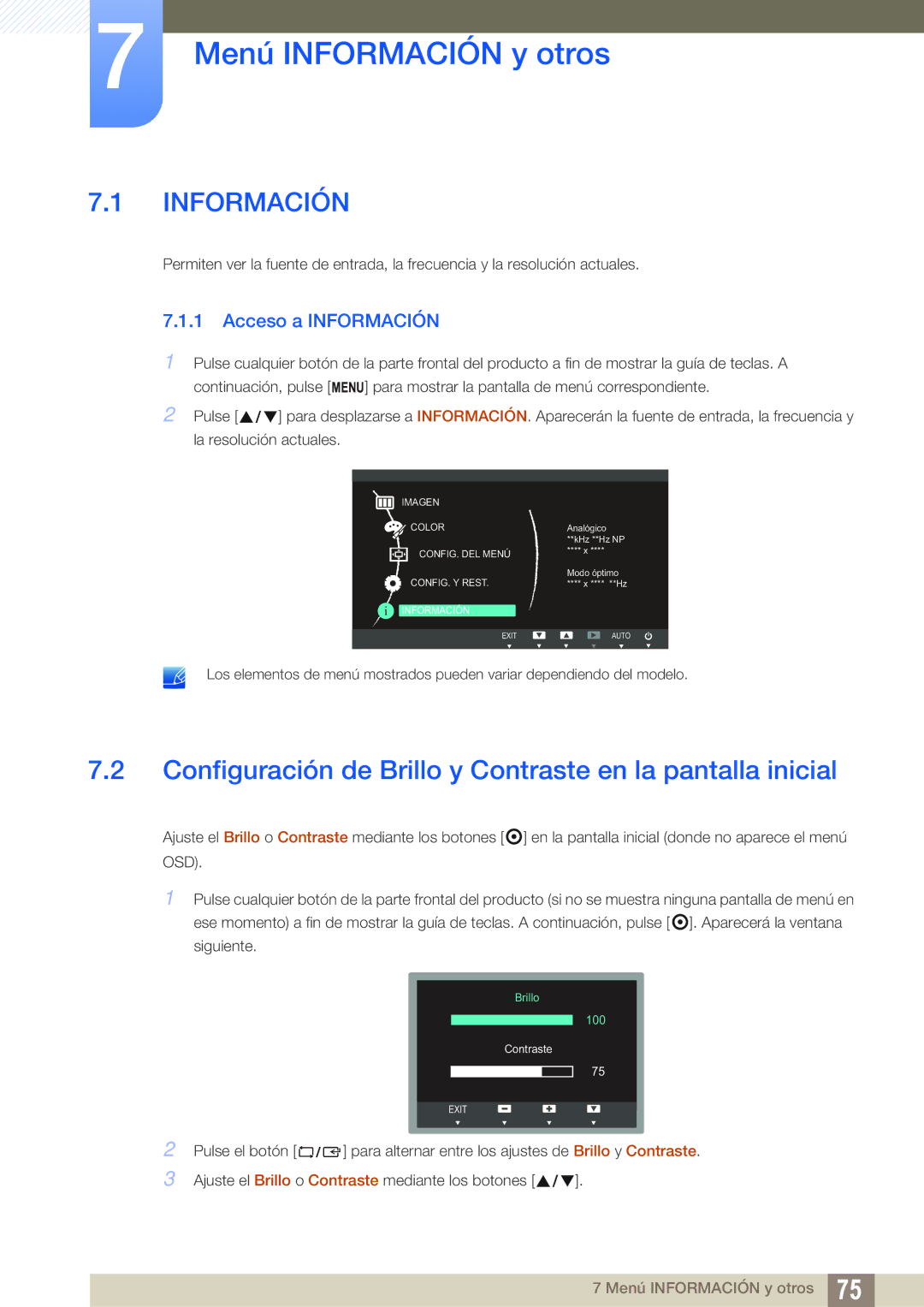 Samsung LS23C65UDS/EN, LS23C65UDC/EN Menú Información y otros, Configuración de Brillo y Contraste en la pantalla inicial 