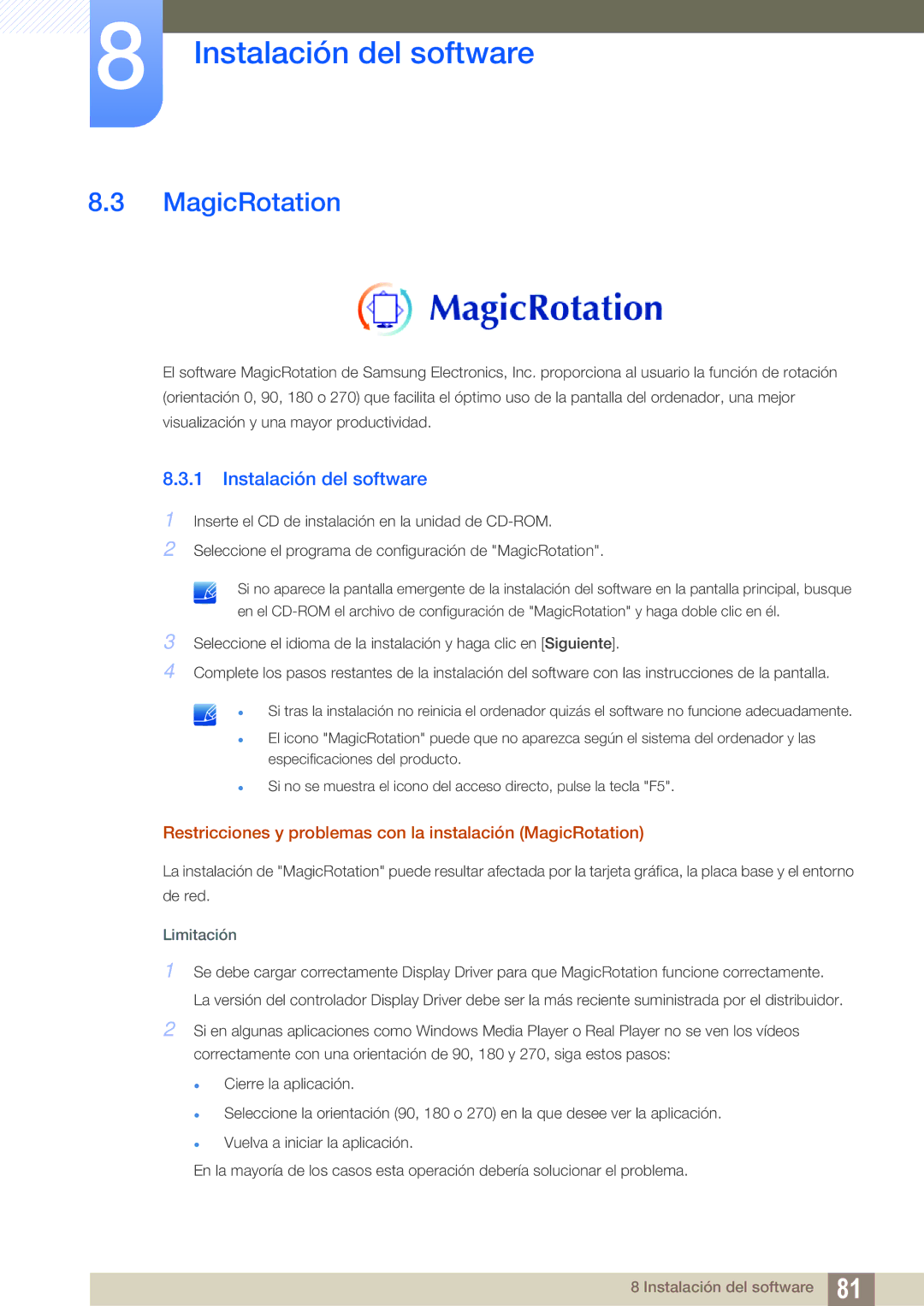 Samsung LS27C65UDS/EN, LS23C65UDC/EN, LS24C65UPL/EN manual Restricciones y problemas con la instalación MagicRotation 