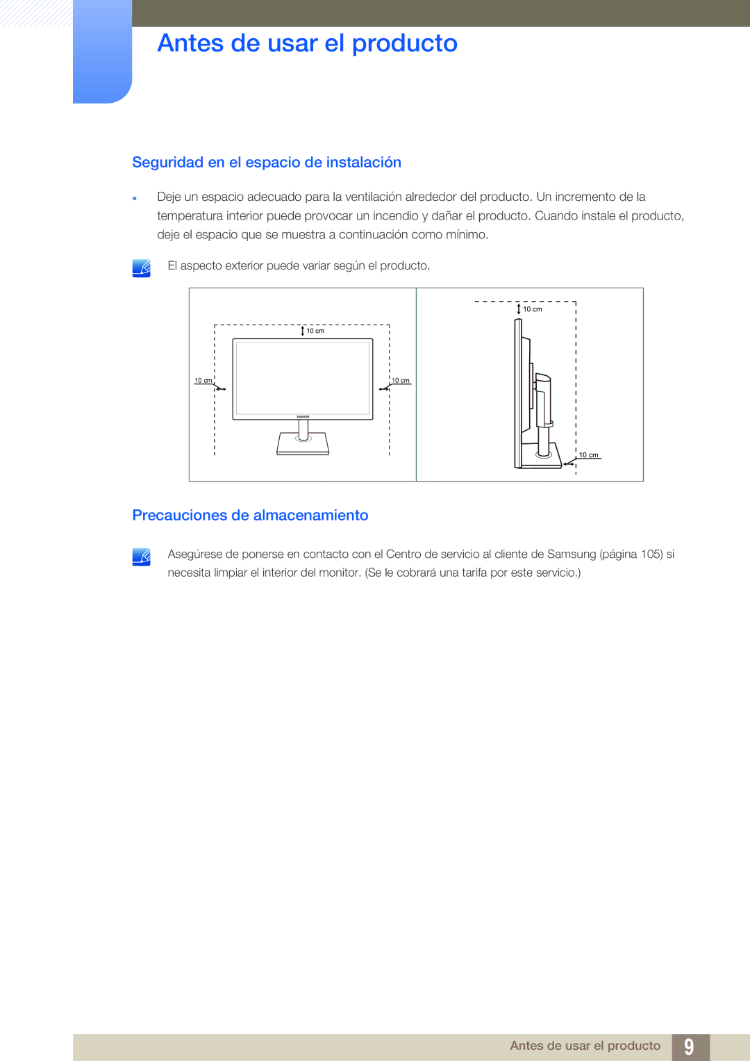 Samsung LS22C65UDC/EN, LS23C65UDC/EN, LS24C65UPL/EN Seguridad en el espacio de instalación, Precauciones de almacenamiento 