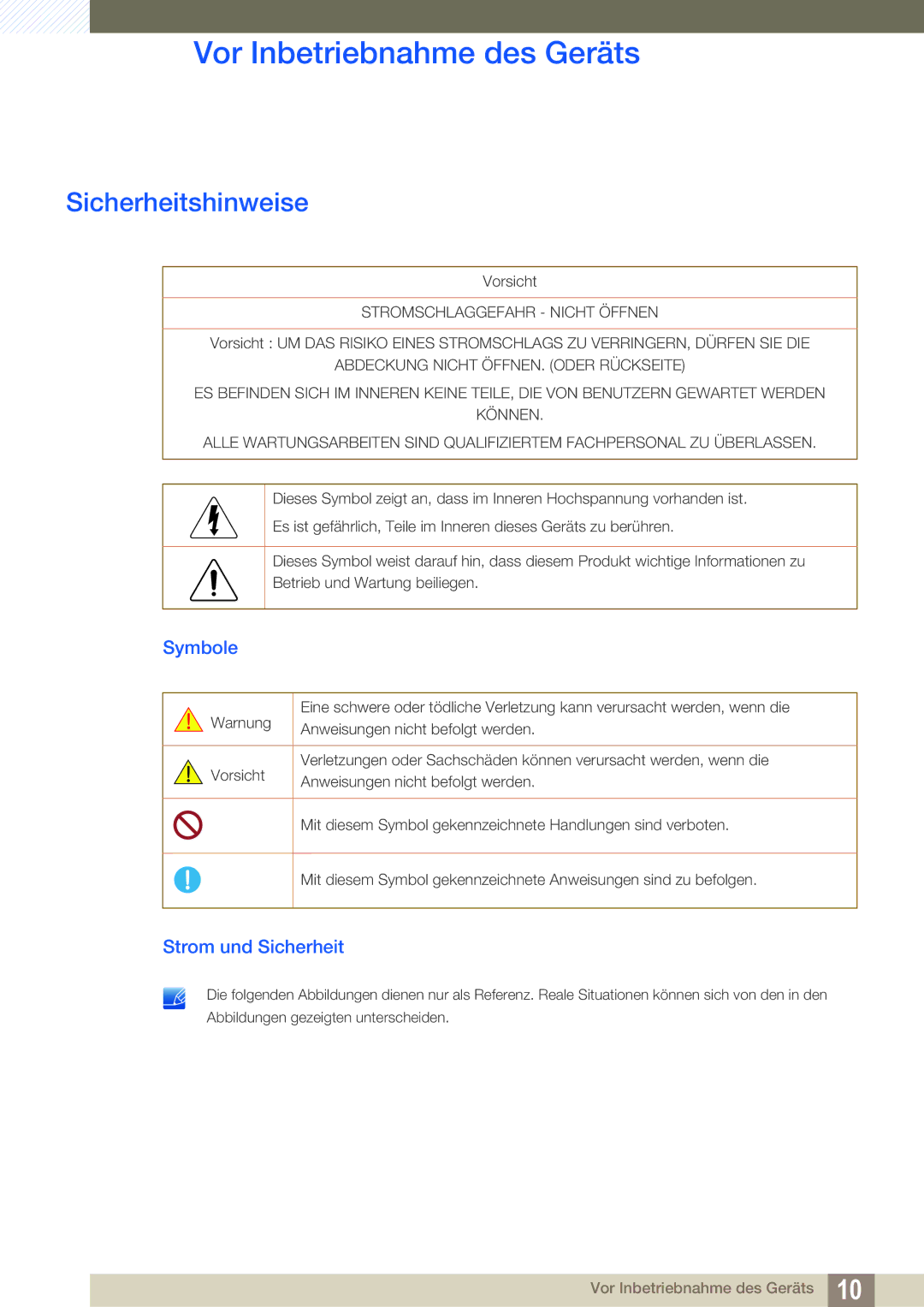 Samsung LS24C65KBWV/EN, LS23C65UDC/EN, LS24C65UPL/EN, LS22C65UDC/EN manual Sicherheitshinweise, Symbole, Strom und Sicherheit 