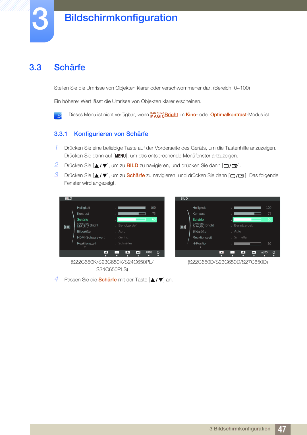 Samsung LS24C65UPC/EN, LS23C65UDC/EN, LS24C65UPL/EN, LS22C65UDC/EN, LS27C65UDS/EN manual Konfigurieren von Schärfe 