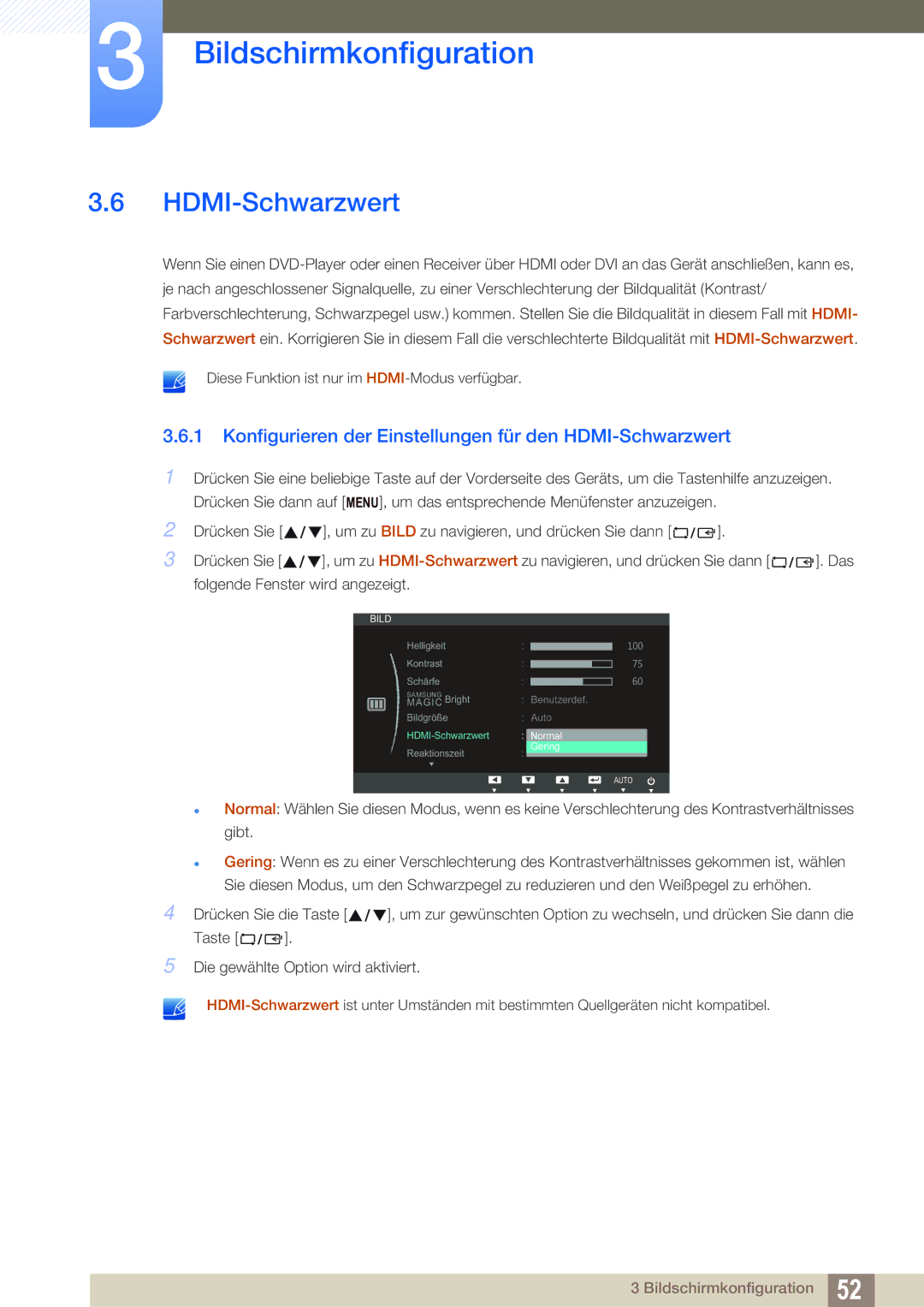 Samsung LS24C65KBWV/EN, LS23C65UDC/EN, LS24C65UPL/EN manual Konfigurieren der Einstellungen für den HDMI-Schwarzwert 