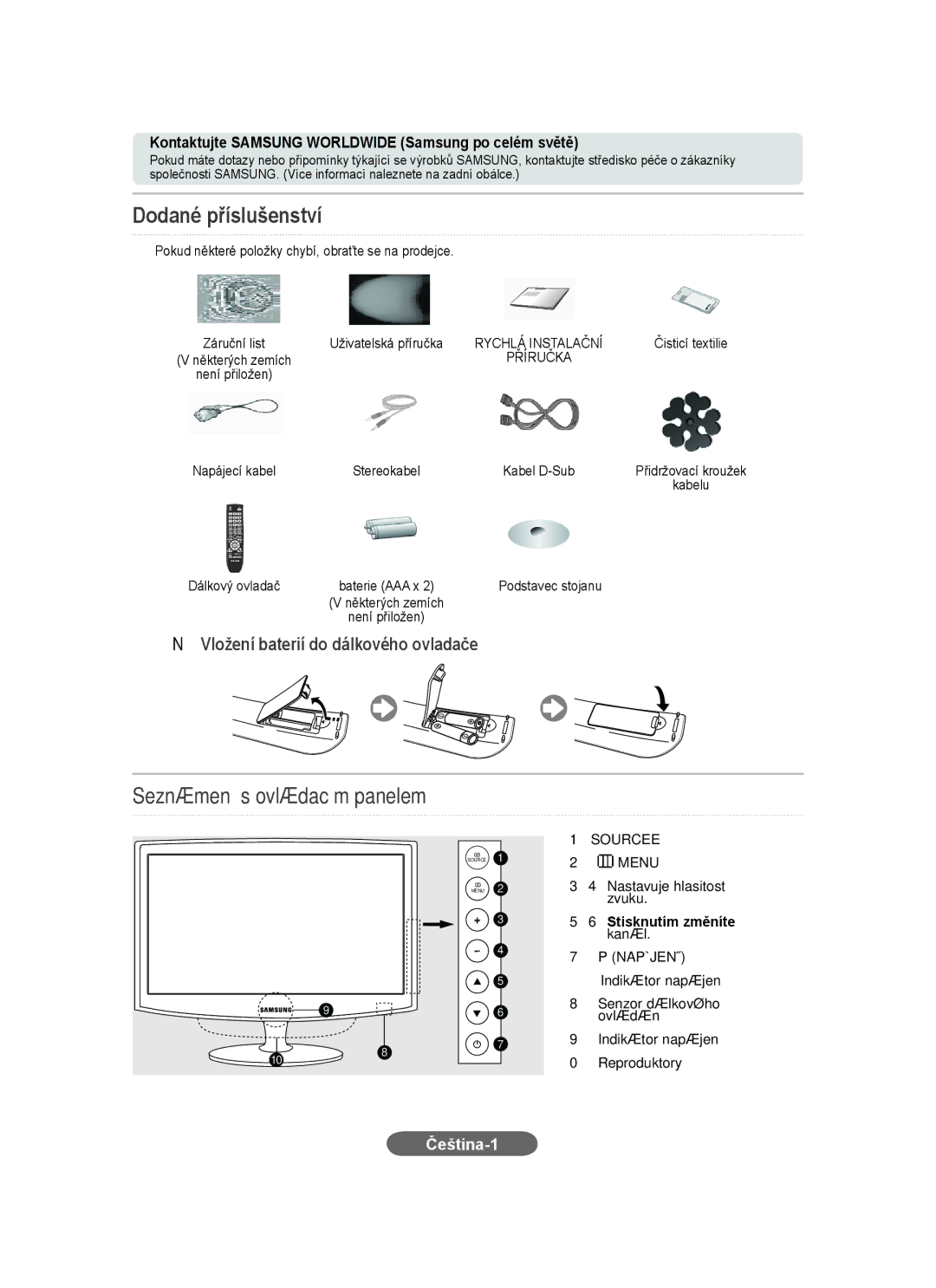 Samsung LS23CFEKFV/ZN, LS23CFEKF/EN, LS23CFVKF/EN, LS23CFVKF/HS, LS23CFVKF/XE manual Dodané příslušenství, Čeština-1, Napájení 