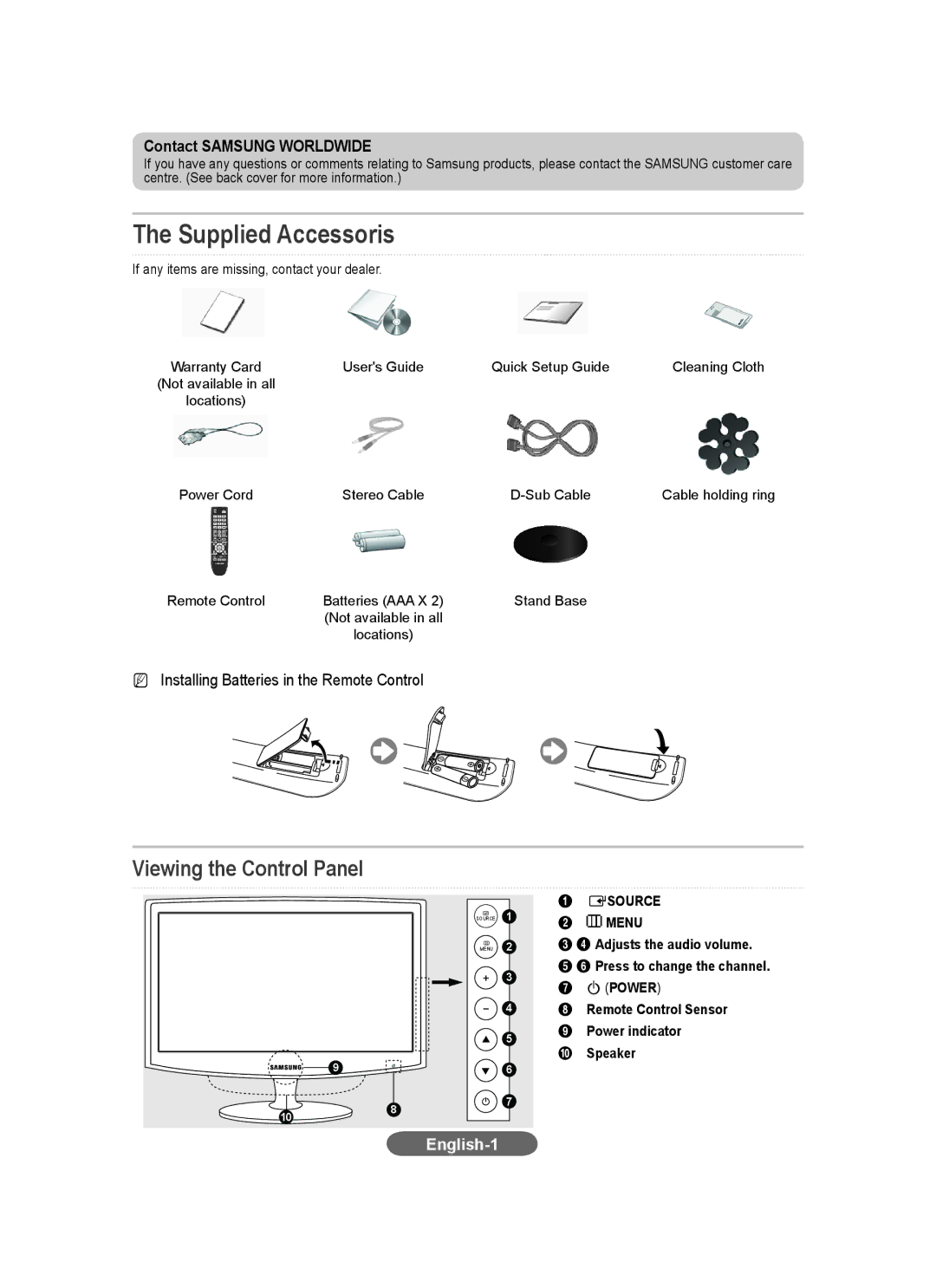 Samsung LS23CFEKFV/ZN, LS23CFEKF/EN Viewing the Control Panel, Contact Samsung Worldwide, English-1, Esource Menu, Power 