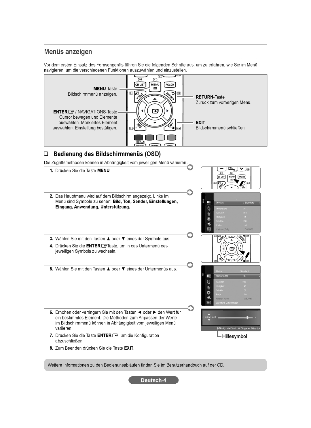 Samsung LS23CFEKFSEN, LS23CFEKF/EN, LS23CFVKF/EN Menüs anzeigen, Deutsch-4, RETURN-Taste, Eingang, Anwendung, Unterstützung 