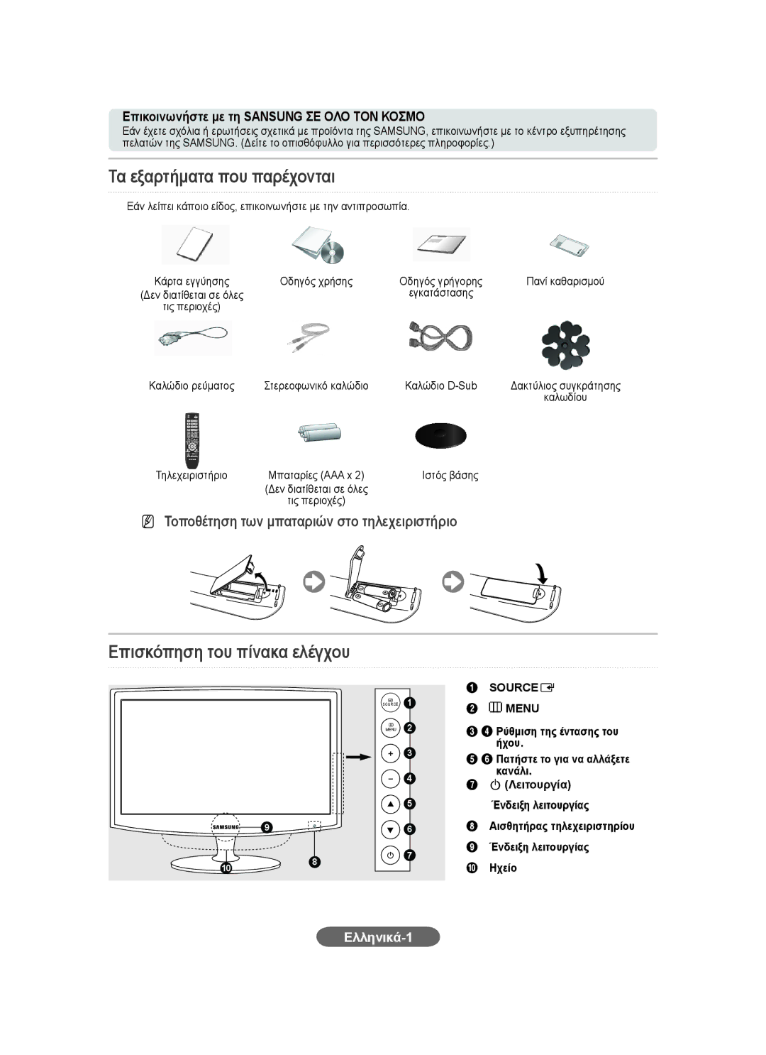 Samsung LS23CFEKFV/ZN, LS23CFEKF/EN Τα εξαρτήματα που παρέχονται, Επικοινωνήστε με τη Sansung ΣΕ ΟΛΟ ΤΟΝ Κοσμο, Ελληνικά-1 