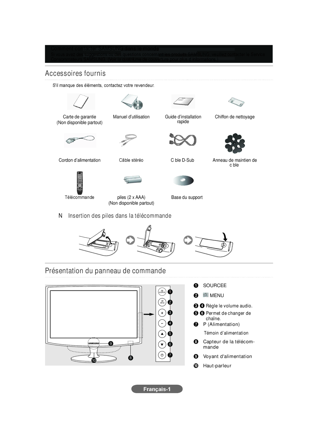 Samsung LS23CFEKFV/ZN Accessoires fournis, Présentation du panneau de commande, Comment contacter Samsung dans le monde 