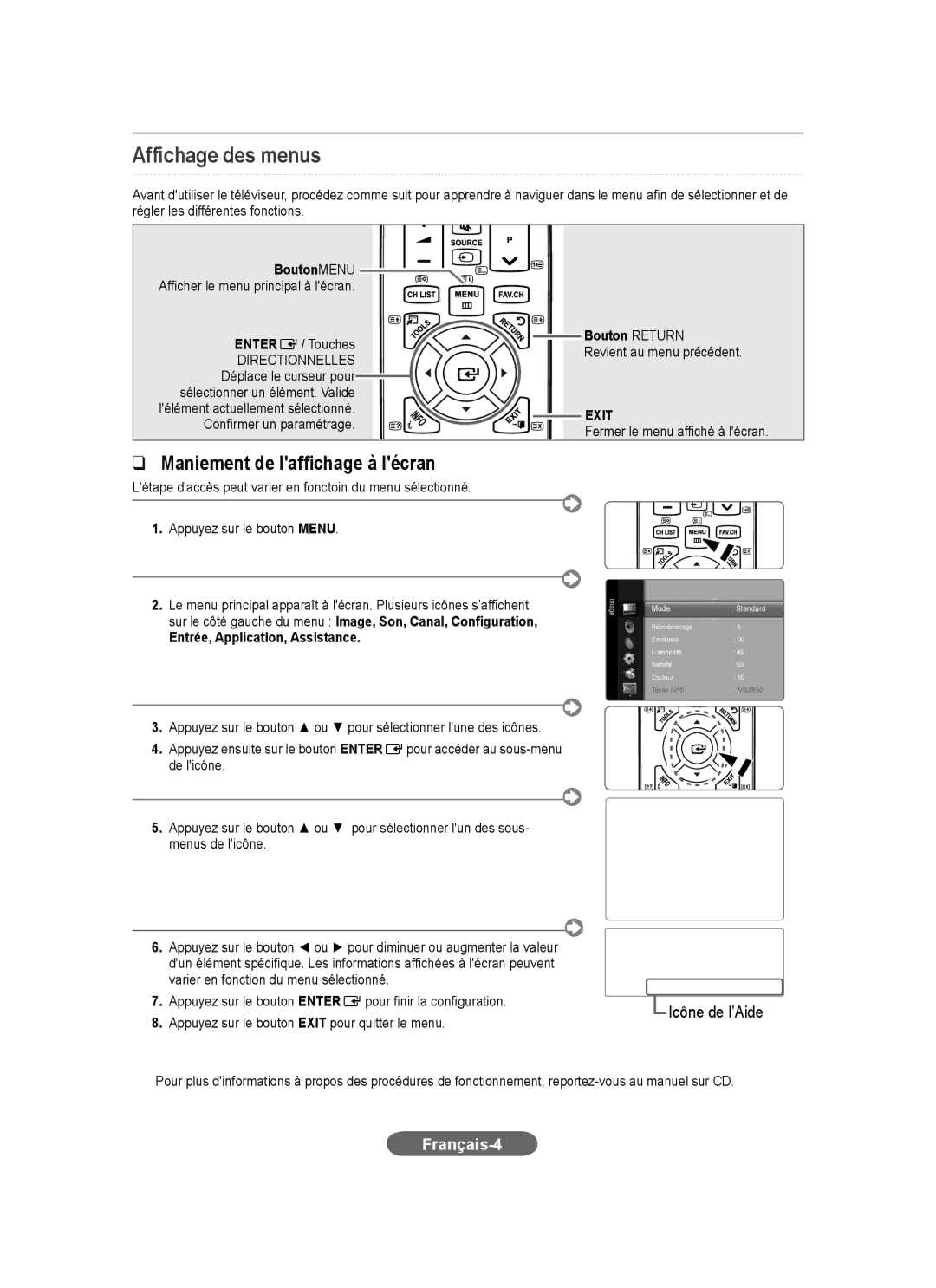 Samsung LS23CFEKFSEN manual Affichage des menus, Français-4, BoutonMENU, Bouton Return, Entrée, Application, Assistance 