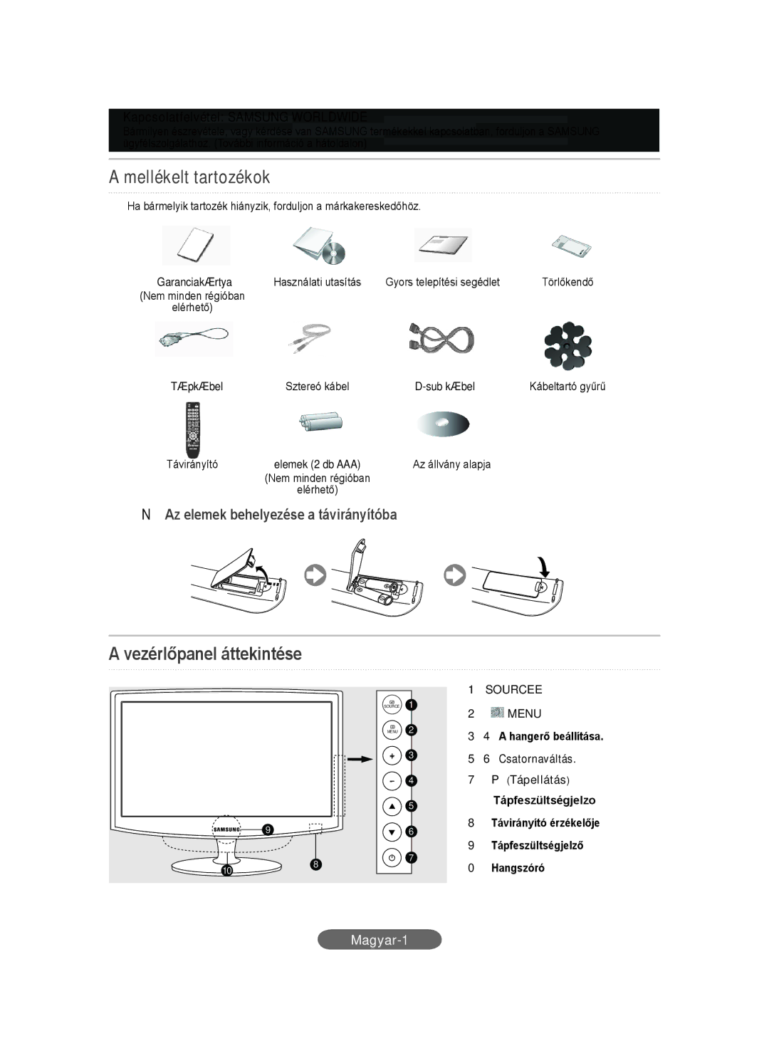 Samsung LS23CFEKFV/ZN manual Mellékelt tartozékok, Vezérlőpanel áttekintése, Kapcsolatfelvétel Samsung Worldwide, Magyar-1 