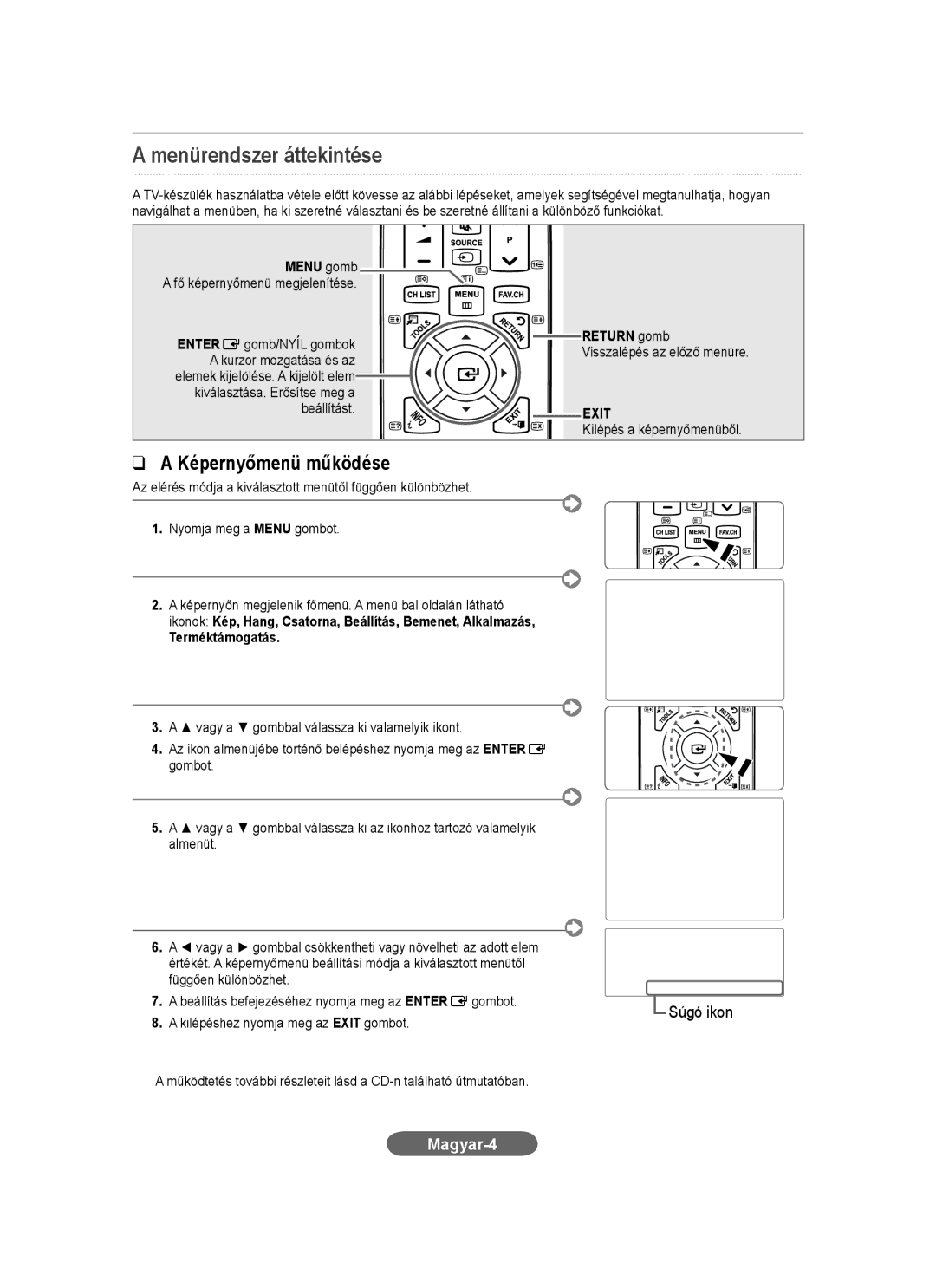 Samsung LS23CFEKFSEN, LS23CFEKF/EN, LS23CFVKF/EN manual Menürendszer áttekintése, Magyar-4, Menu gomb, Terméktámogatás 