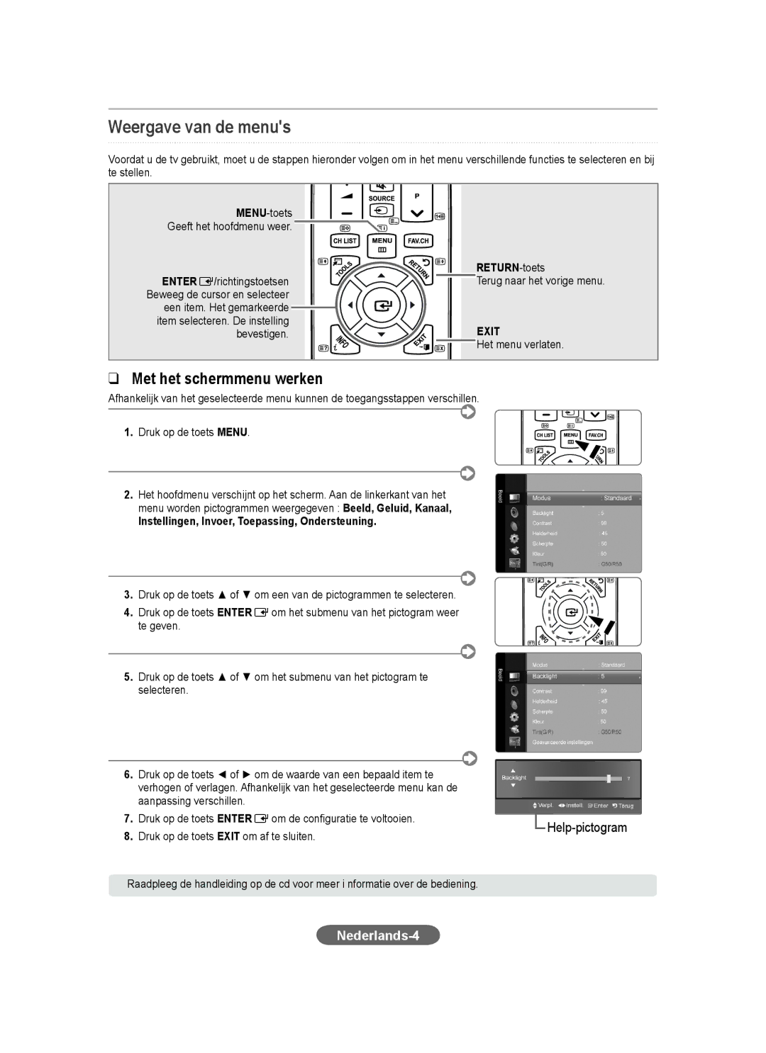 Samsung LS23CFEKFSEN Weergave van de menus, Nederlands-4, RETURN-toets, Instellingen, Invoer, Toepassing, Ondersteuning 