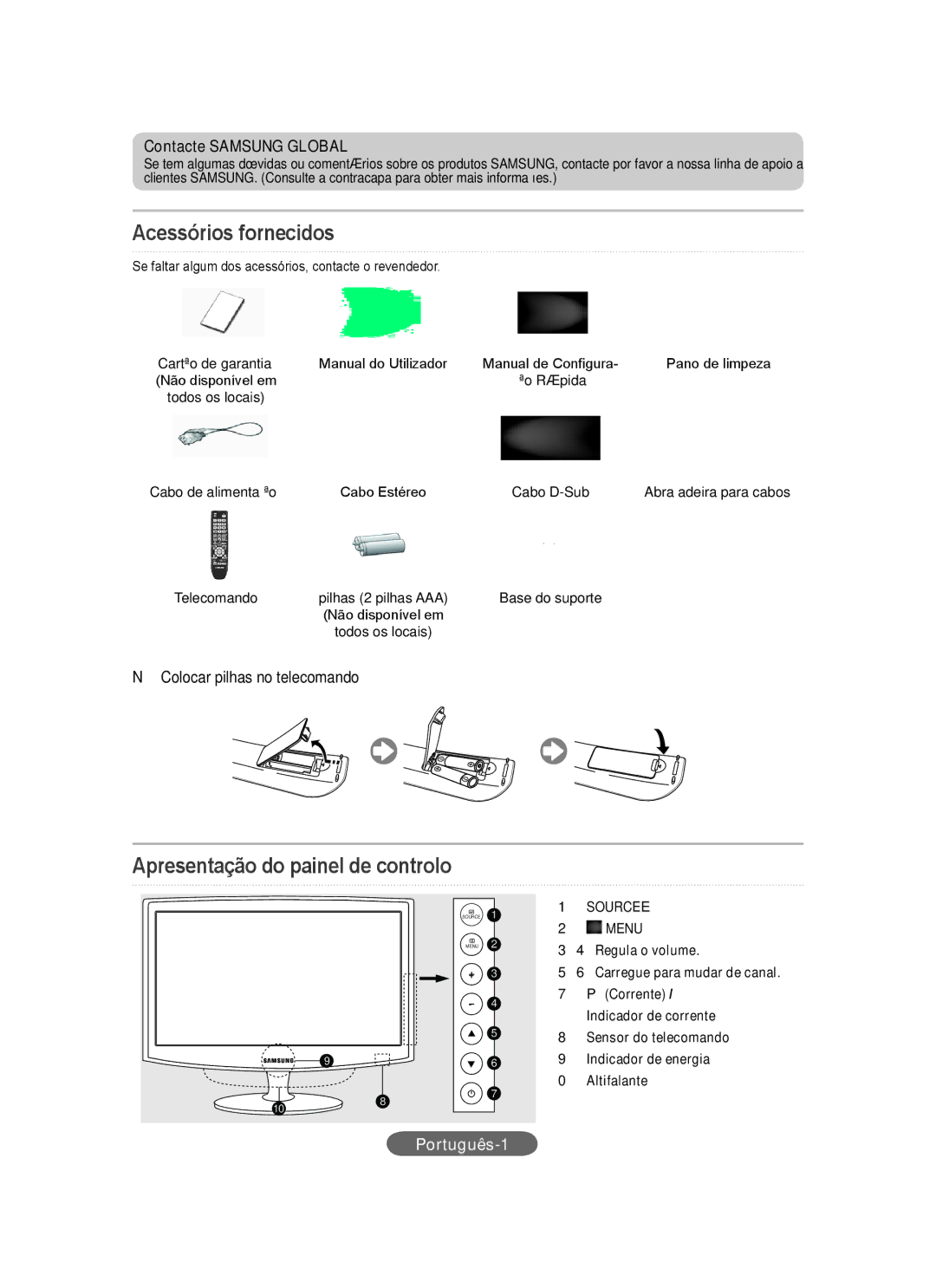 Samsung LS23CFEKFV/ZN Acessórios fornecidos, Apresentação do painel de controlo, Contacte Samsung Global, Português-1 