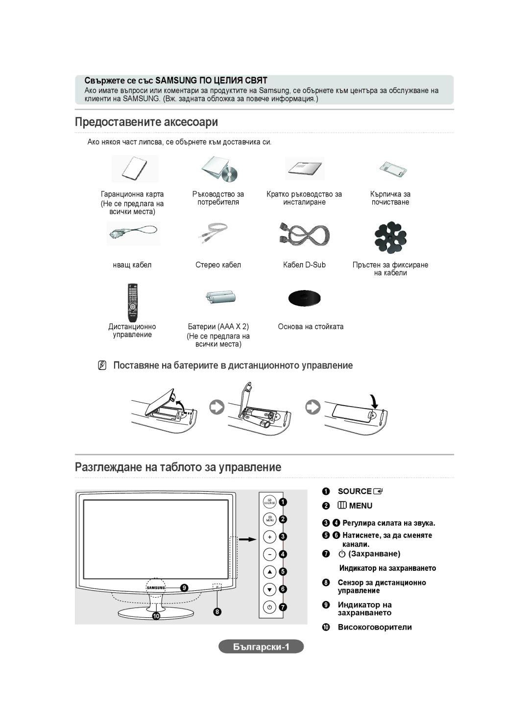 Samsung LS23CFEKFV/ZN, LS23CFEKF/EN Предоставените аксесоари, Разглеждане на таблото за управление, Български-1, Sourcee 