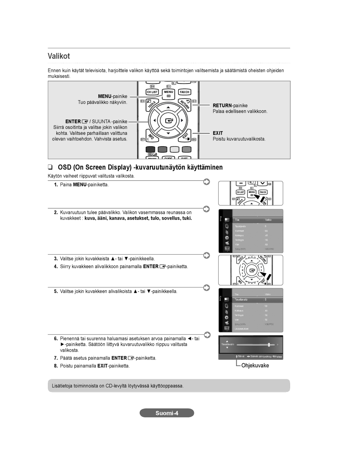 Samsung LS23CFEKFSEN, LS23CFEKF/EN, LS23CFVKF/EN, LS23CFEKFV/ZN, LS23CFVKF/HS manual Valikot, Suomi-4, Entere / Suunta -painike 