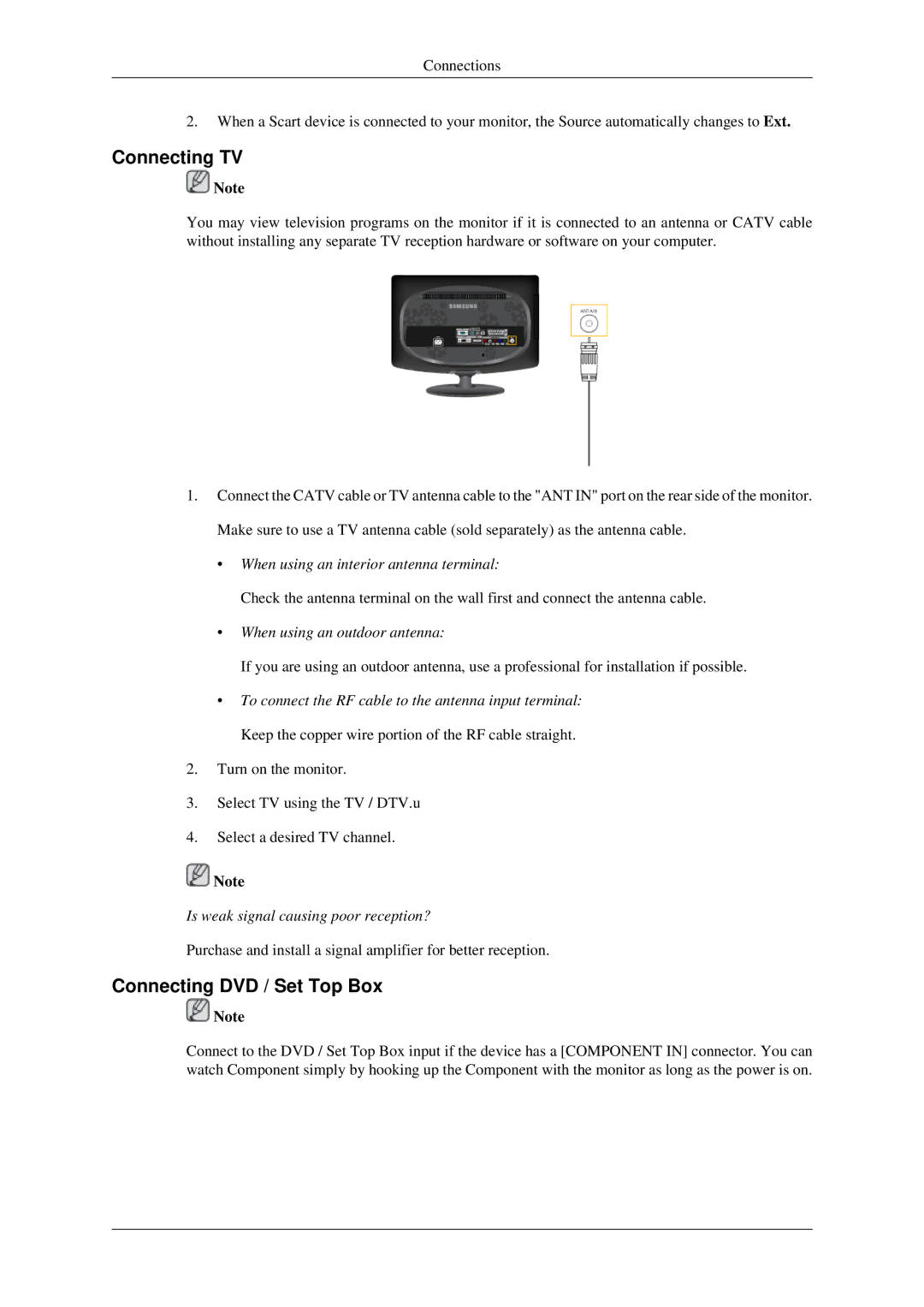 Samsung LS23CFVKF/CH, LS23CFEKF/EN Connecting TV, Connecting DVD / Set Top Box, When using an interior antenna terminal 