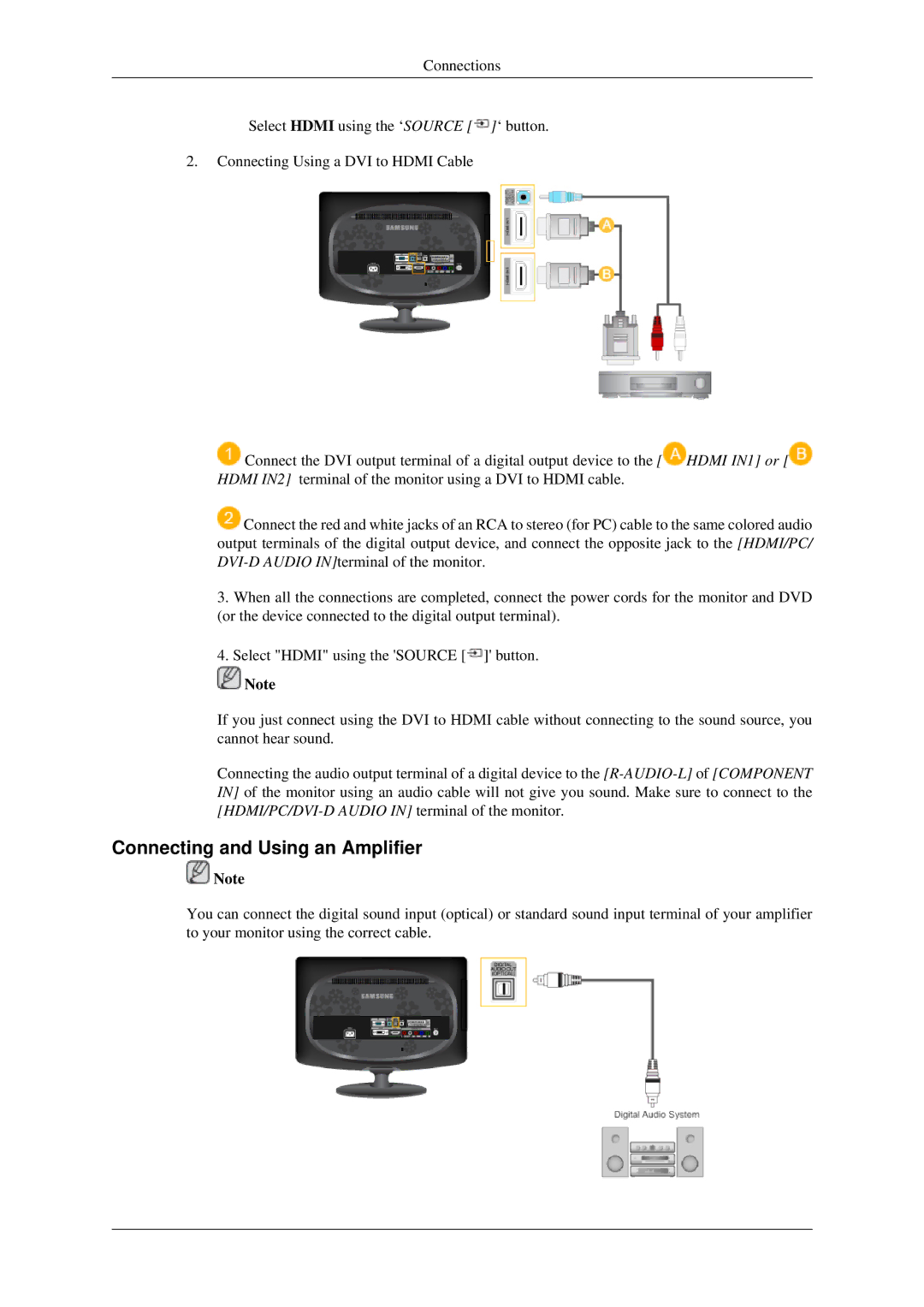 Samsung LS23CFVKF/EN, LS23CFEKF/EN, LS23CFVKF/XE, LS23CFEKFSEN, LS23CFVKF/CH manual Connecting and Using an Amplifier 