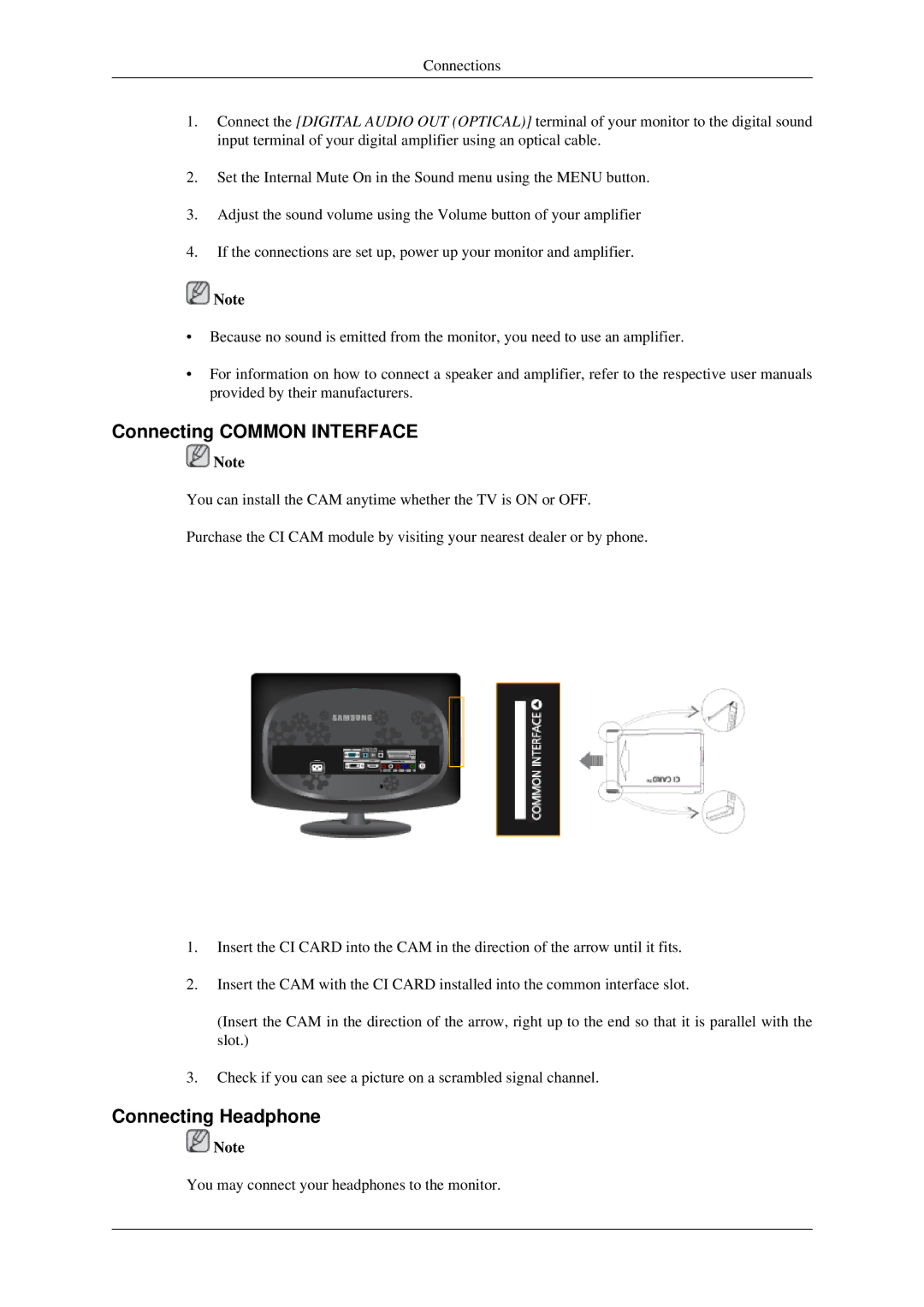 Samsung LS23CFVKF/XE, LS23CFEKF/EN, LS23CFVKF/EN, LS23CFEKFSEN manual Connecting Common Interface, Connecting Headphone 