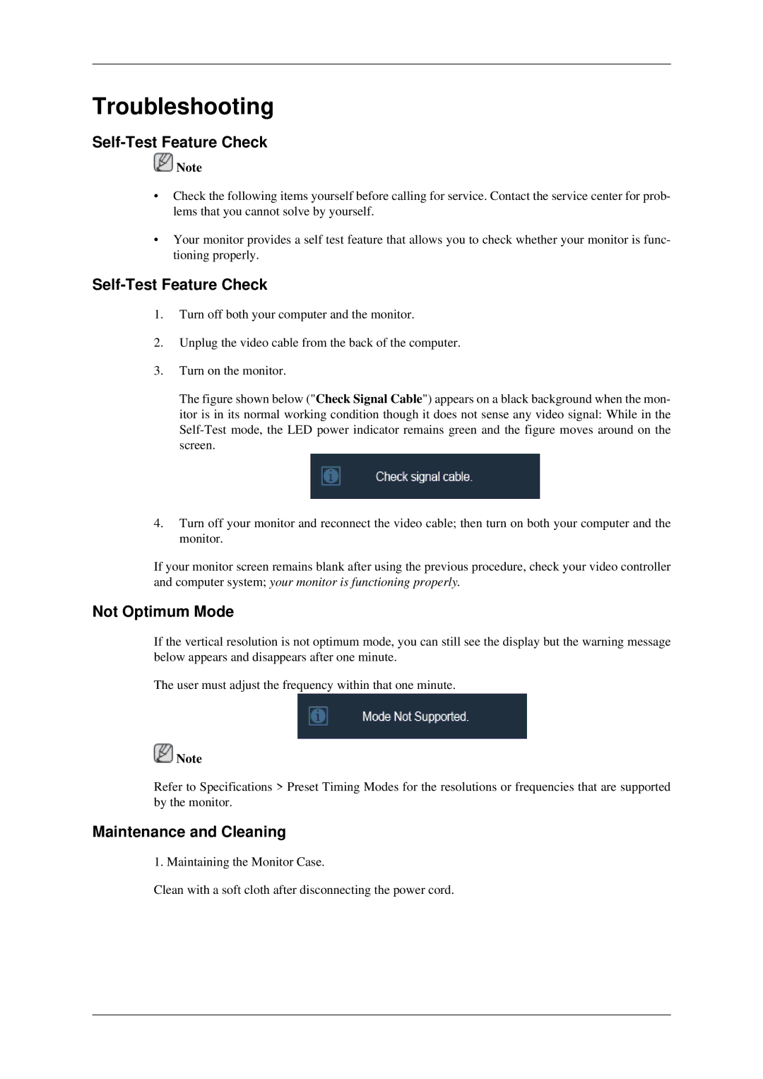 Samsung LS23CFEKF/EN, LS23CFVKF/EN, LS23CFVKF/XE manual Self-Test Feature Check, Not Optimum Mode, Maintenance and Cleaning 