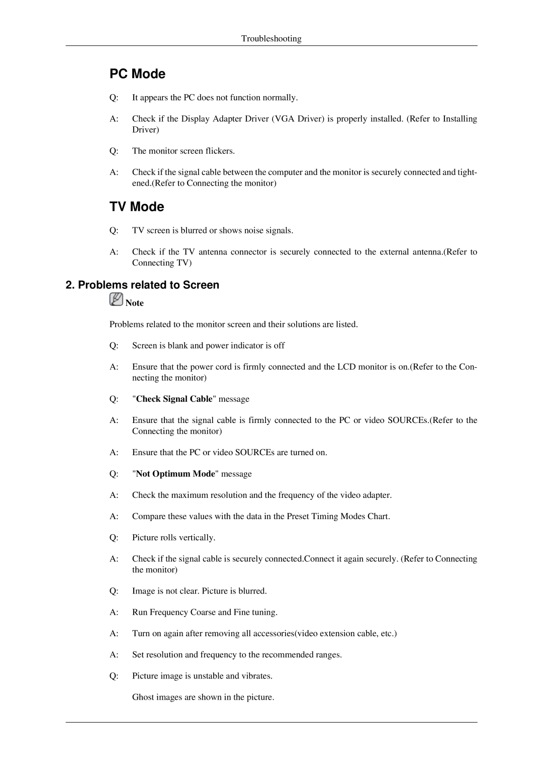 Samsung LS23CFVKF/XE, LS23CFEKF/EN manual Problems related to Screen, Check Signal Cable message, Not Optimum Mode message 