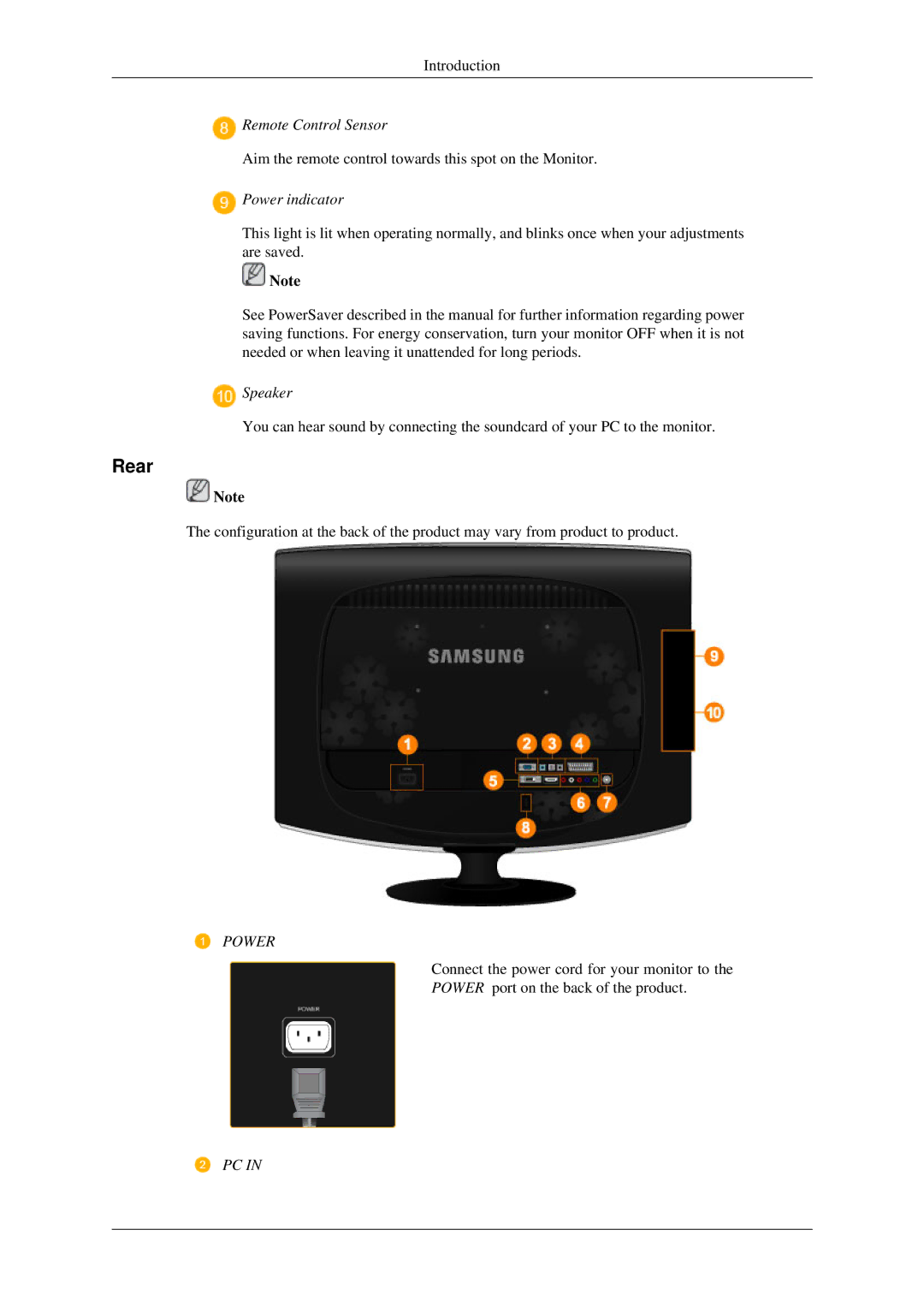 Samsung LS23CFEKF/EN, LS23CFVKF/EN, LS23CFVKF/XE, LS23CFEKFSEN manual Rear, Remote Control Sensor, Power indicator, Speaker 