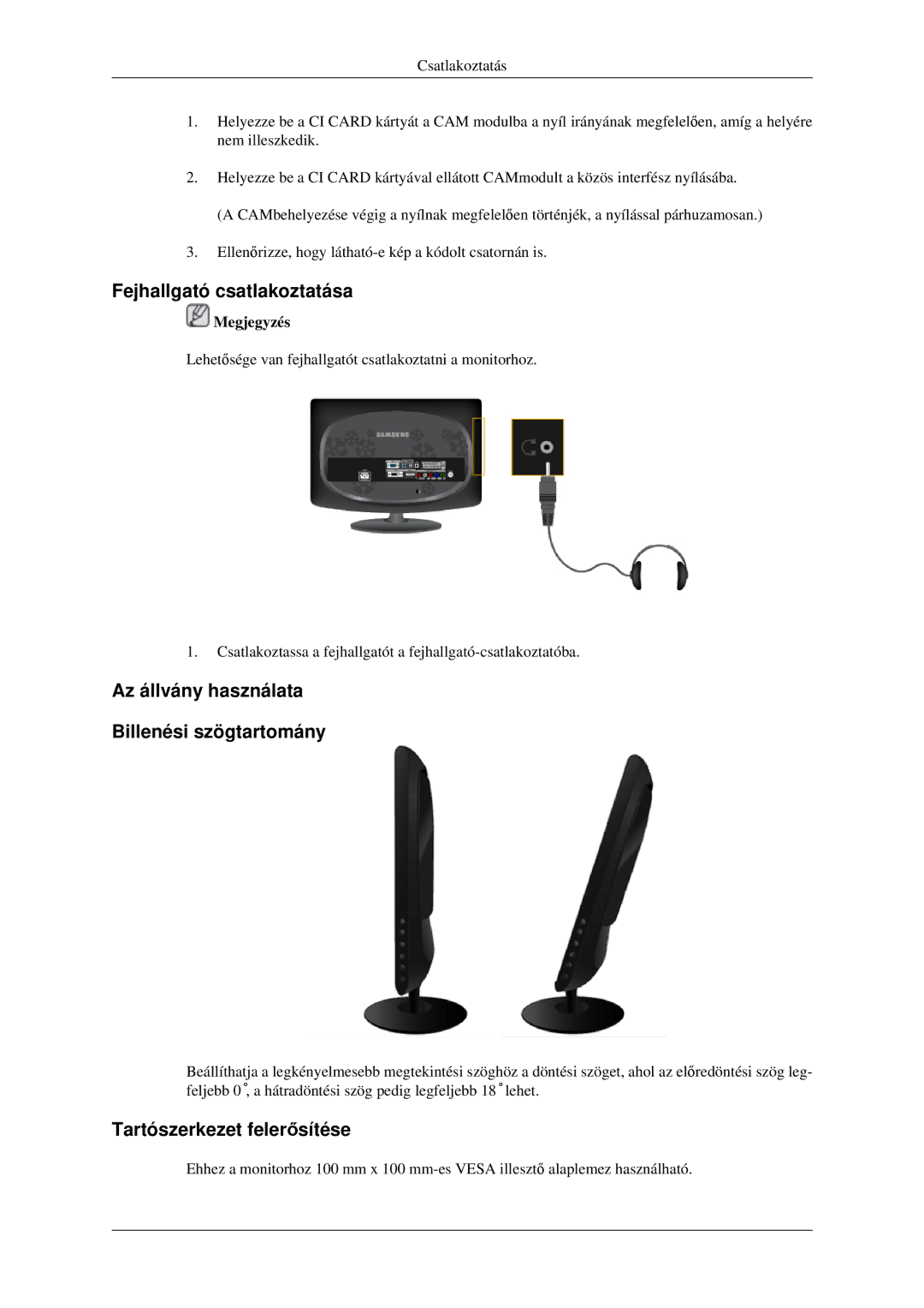 Samsung LS23CFEKF/EN, LS23CFVKF/EN, LS23CFVKF/XE Fejhallgató csatlakoztatása, Az állvány használata Billenési szögtartomány 