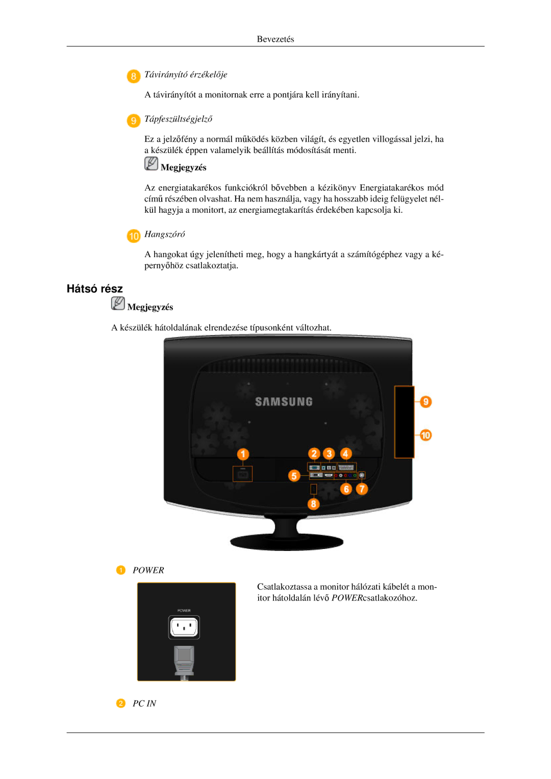 Samsung LS23CFVKF/EN, LS23CFEKF/EN, LS23CFVKF/XE manual Hátsó rész, Tápfeszültségjelző 