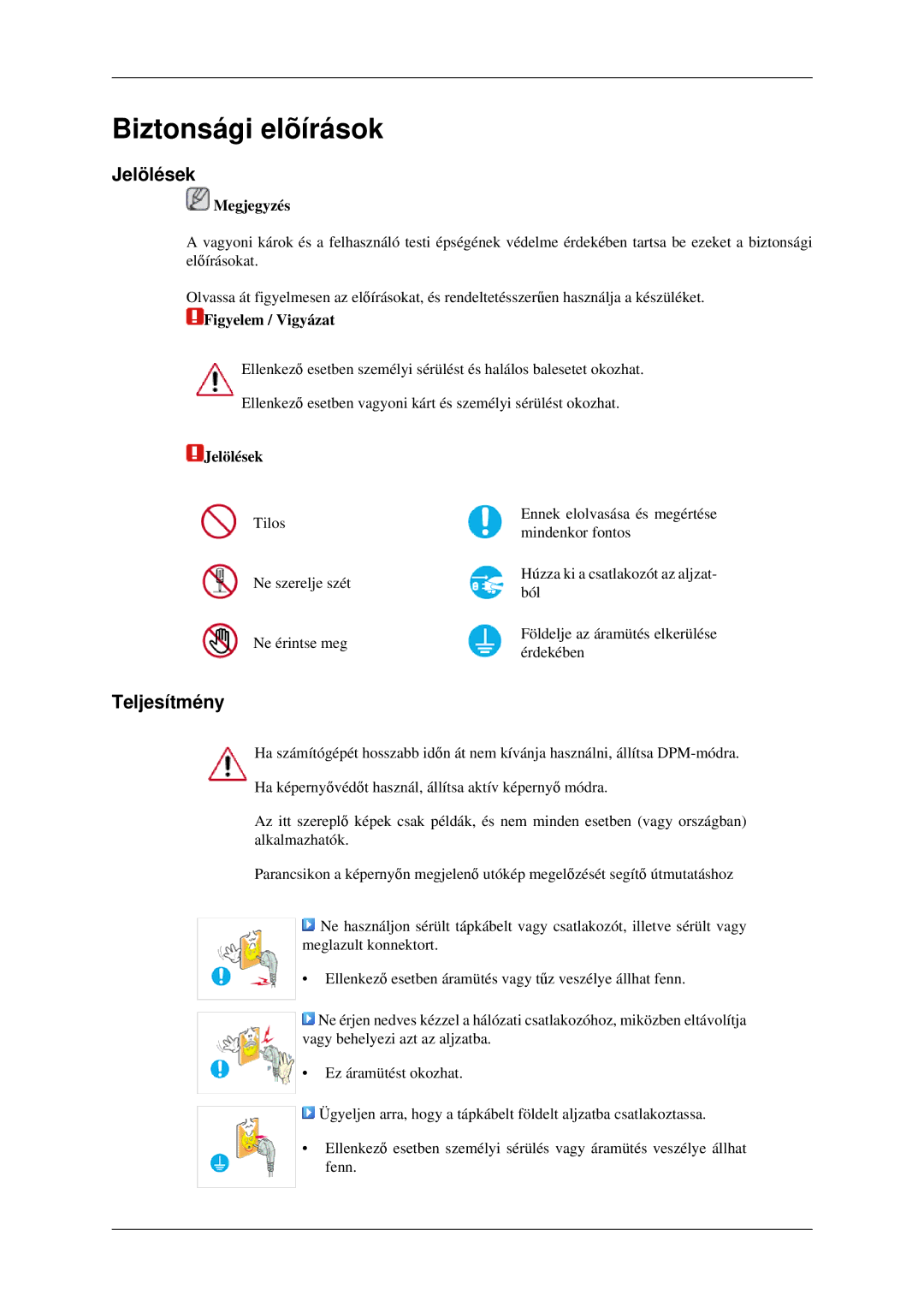 Samsung LS23CFVKF/XE, LS23CFEKF/EN, LS23CFVKF/EN manual Biztonsági elõírások, Jelölések, Teljesítmény 