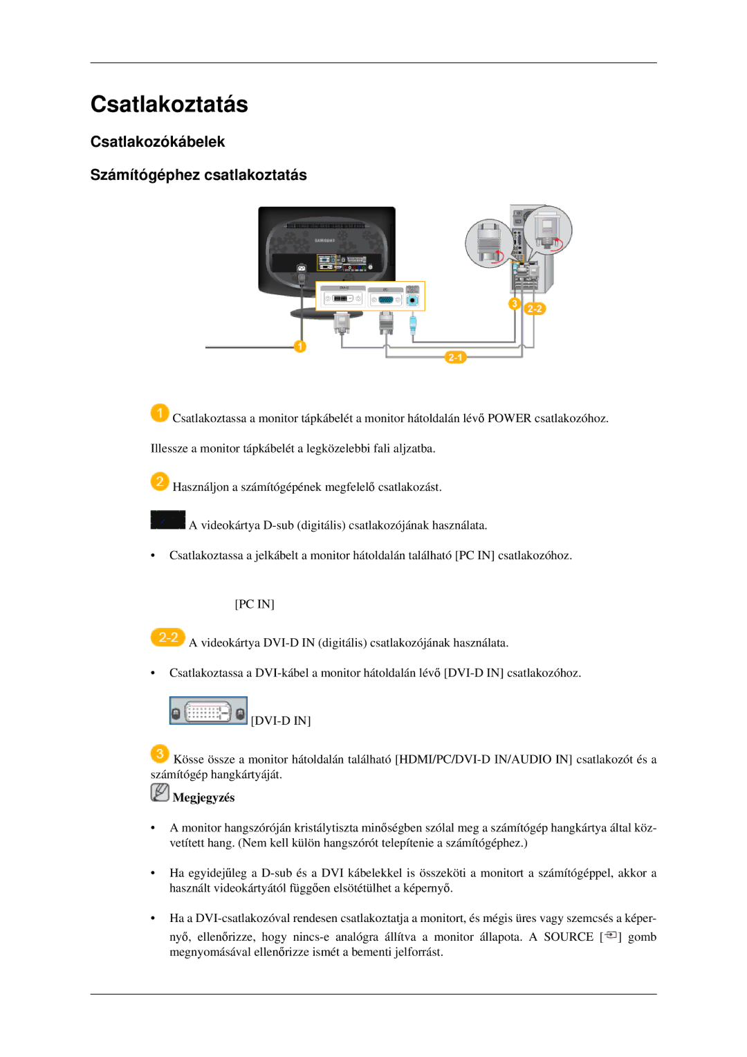 Samsung LS23CFVKF/XE, LS23CFEKF/EN, LS23CFVKF/EN manual Csatlakoztatás, Csatlakozókábelek Számítógéphez csatlakoztatás 