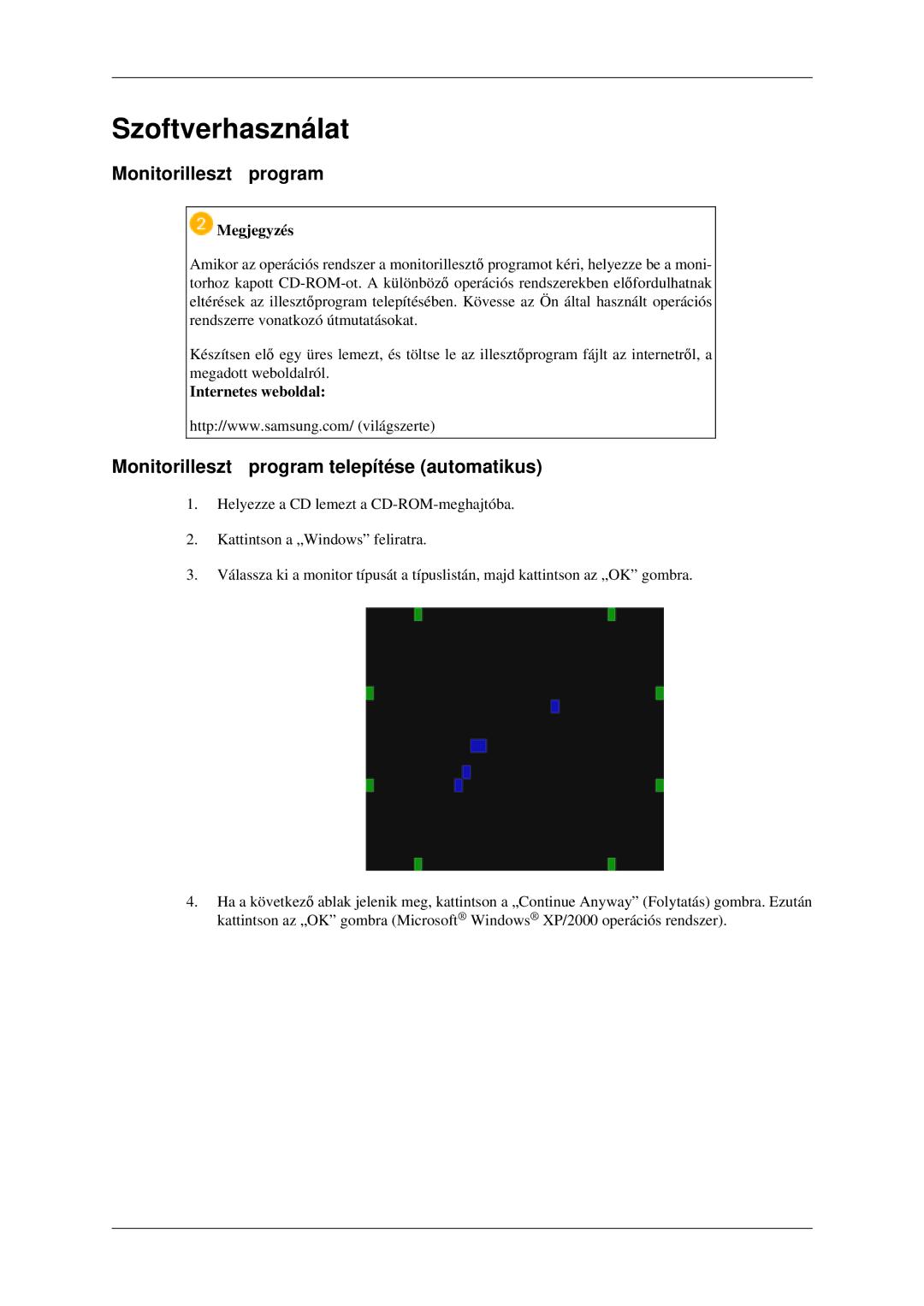 Samsung LS23CFVKF/EN manual Szoftverhasználat, Monitorillesztő program telepítése automatikus, Internetes weboldal 