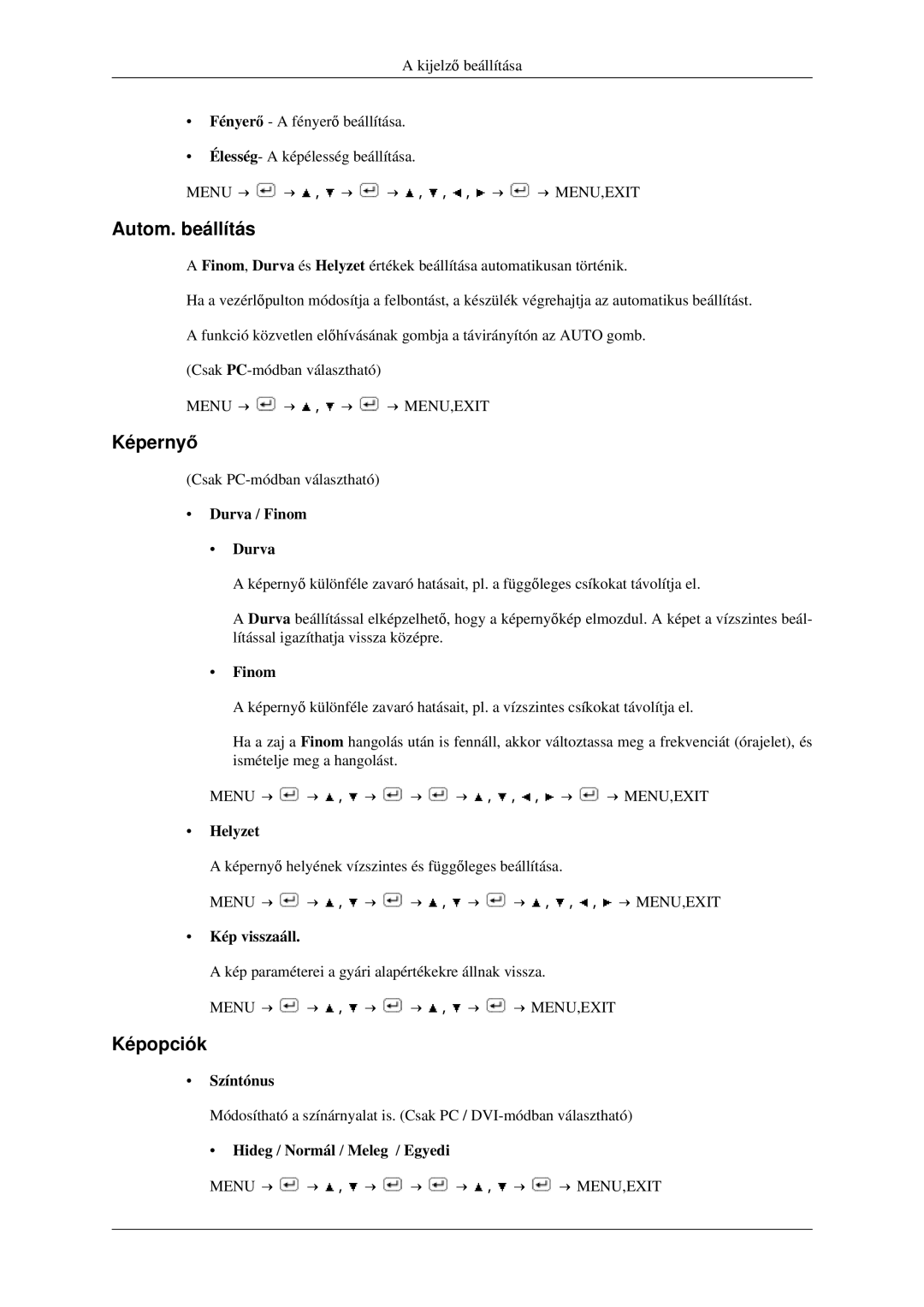 Samsung LS23CFVKF/EN, LS23CFEKF/EN, LS23CFVKF/XE manual Autom. beállítás, Képernyő, Képopciók 