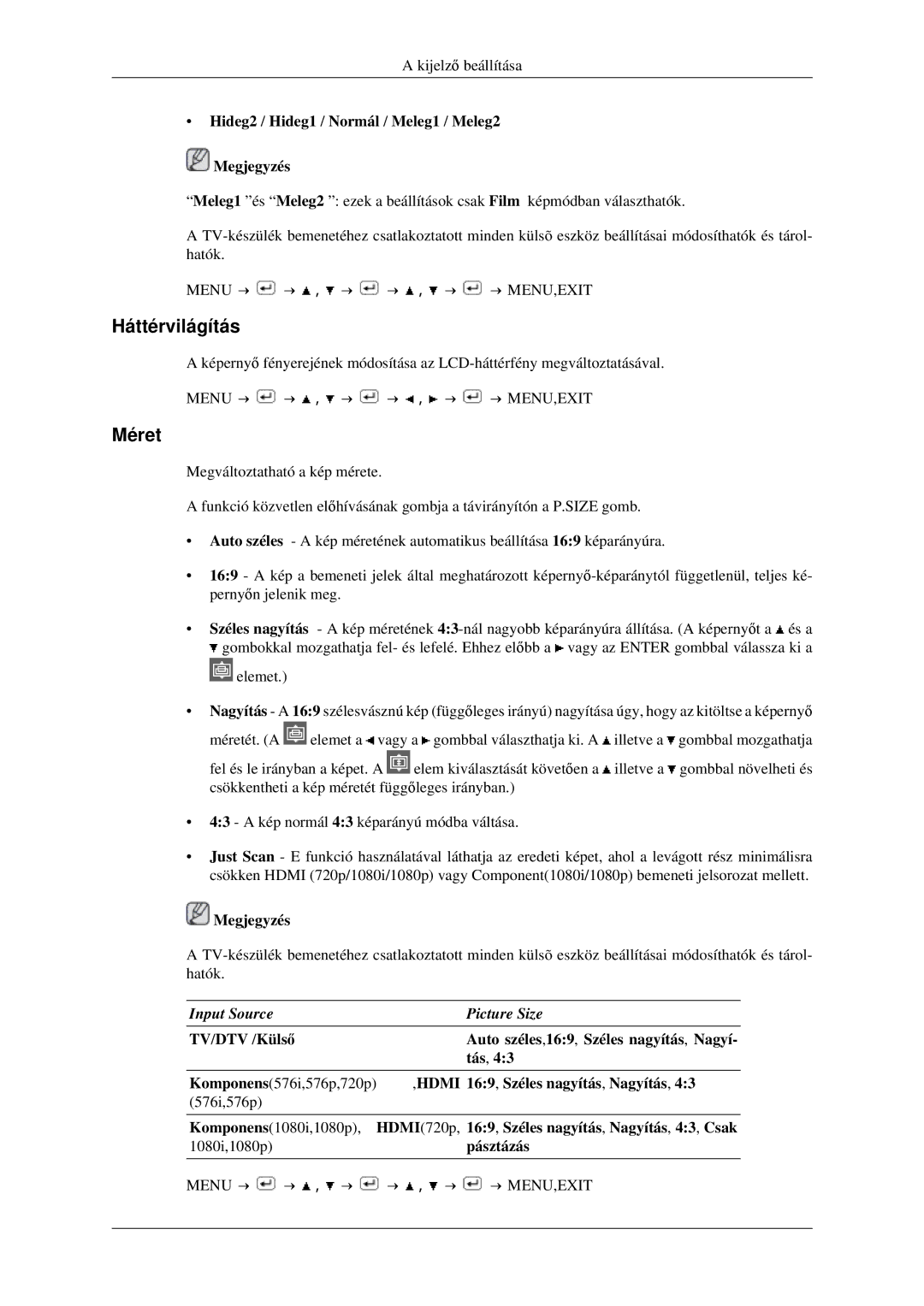 Samsung LS23CFEKF/EN, LS23CFVKF/EN manual Háttérvilágítás, Méret, Hideg2 / Hideg1 / Normál / Meleg1 / Meleg2 Megjegyzés 