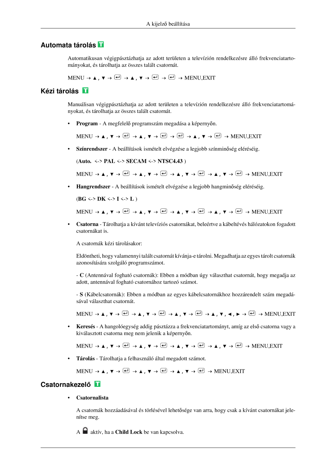 Samsung LS23CFEKF/EN, LS23CFVKF/EN, LS23CFVKF/XE manual Automata tárolás, Kézi tárolás, Csatornakezelő, Csatornalista 