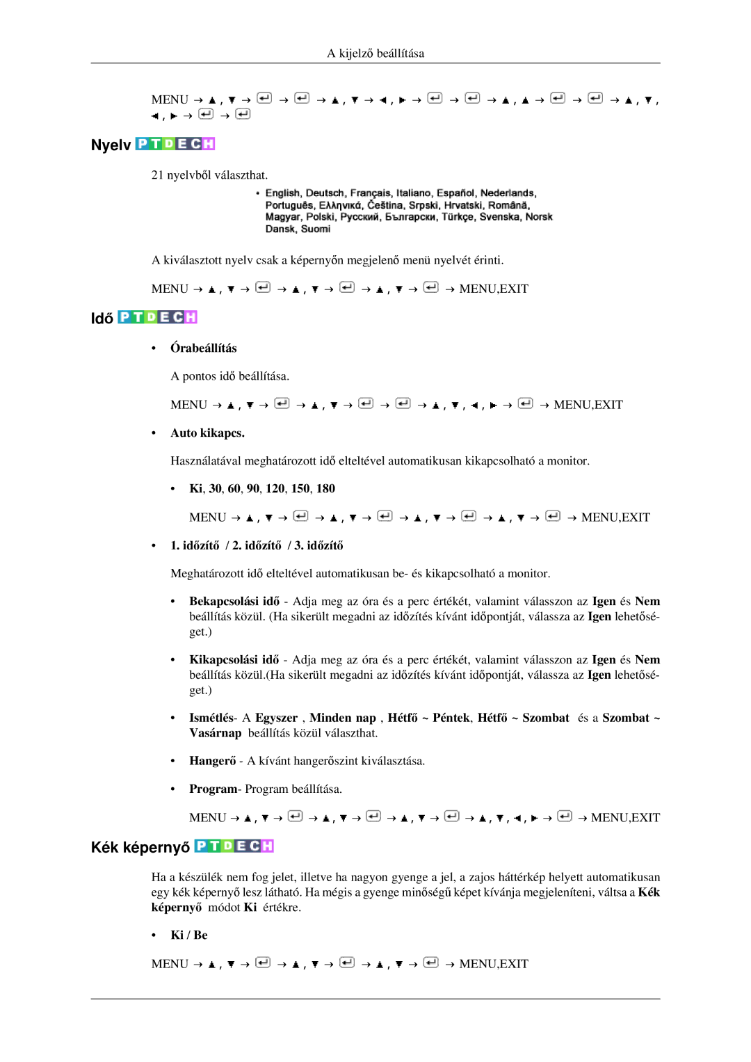 Samsung LS23CFVKF/XE, LS23CFEKF/EN, LS23CFVKF/EN manual Nyelv, Idő, Kék képernyő 