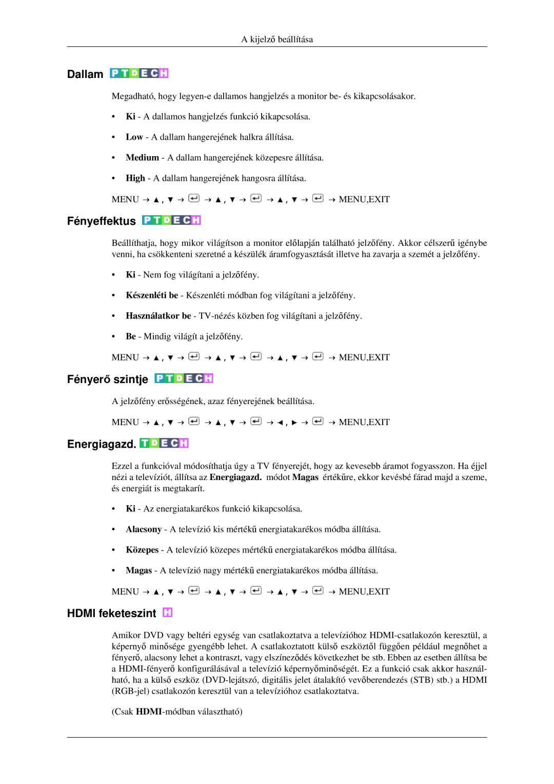 Samsung LS23CFEKF/EN, LS23CFVKF/EN, LS23CFVKF/XE manual Dallam, Fényeffektus, Fényerő szintje, Energiagazd, Hdmi feketeszint 