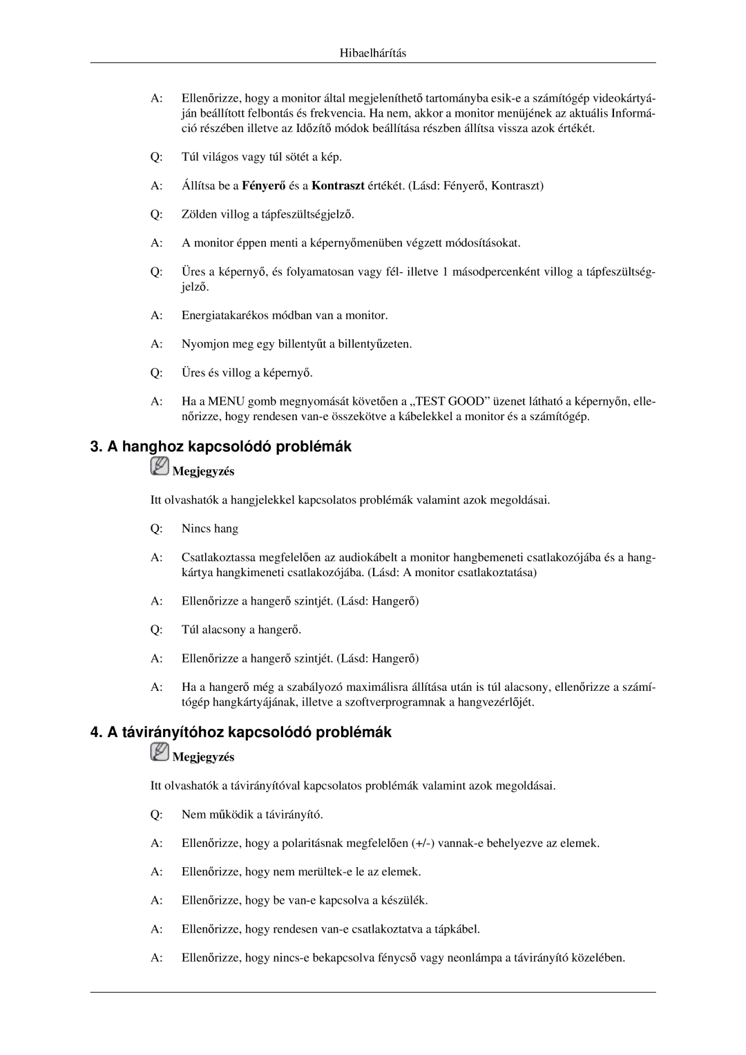 Samsung LS23CFVKF/XE, LS23CFEKF/EN, LS23CFVKF/EN manual Hanghoz kapcsolódó problémák, Távirányítóhoz kapcsolódó problémák 