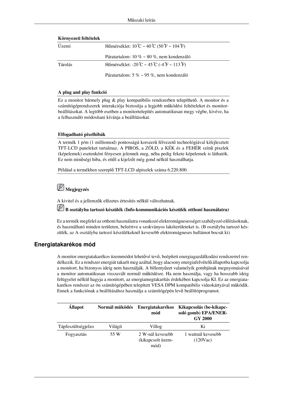 Samsung LS23CFVKF/EN manual Energiatakarékos mód, Környezeti feltételek, Plug and play funkció, Elfogadható pixelhibák 