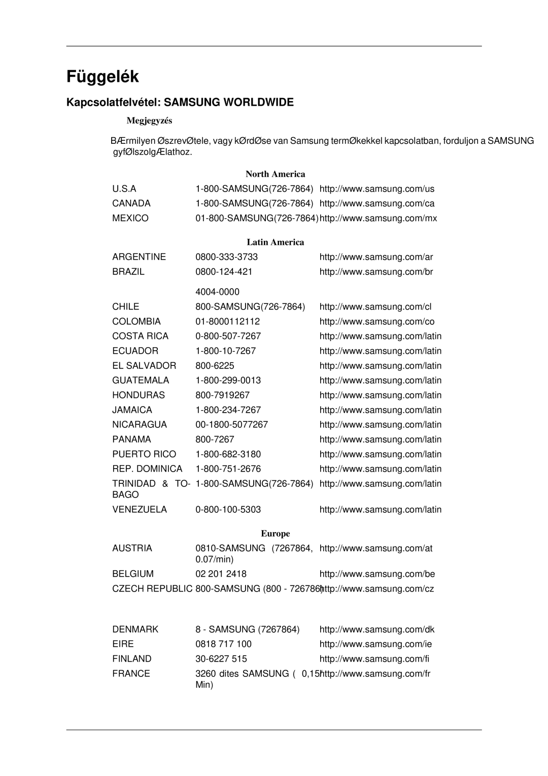 Samsung LS23CFVKF/XE, LS23CFEKF/EN Függelék, Kapcsolatfelvétel Samsung Worldwide, North America, Latin America, Europe 