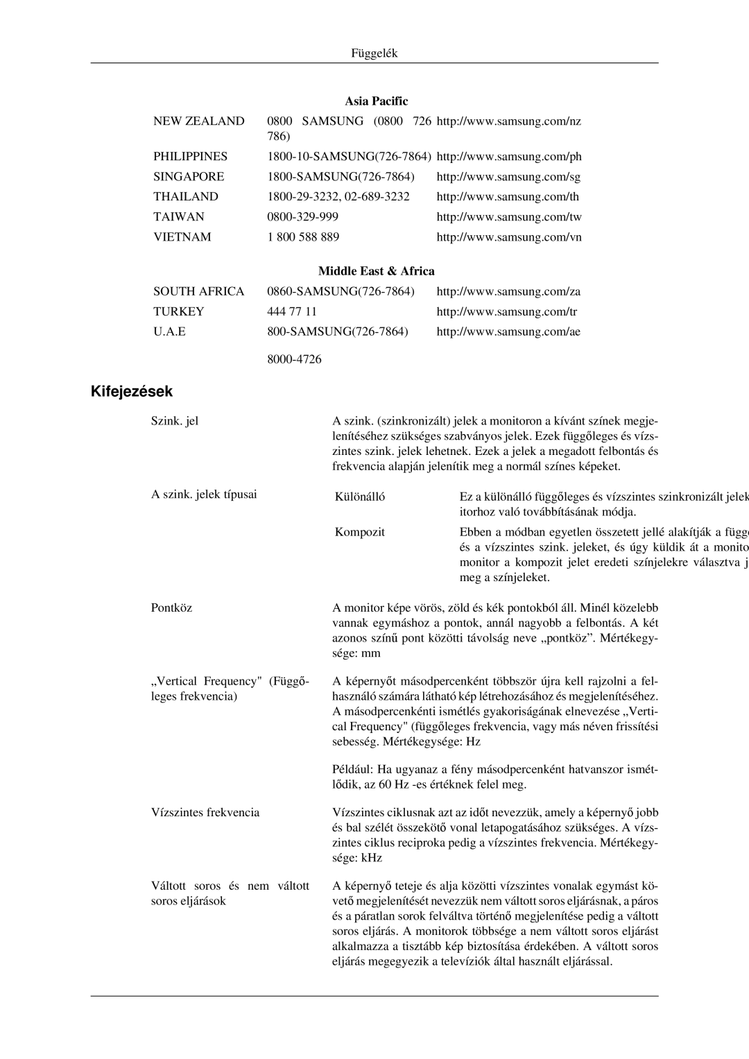 Samsung LS23CFVKF/EN, LS23CFEKF/EN, LS23CFVKF/XE manual Kifejezések, Middle East & Africa 